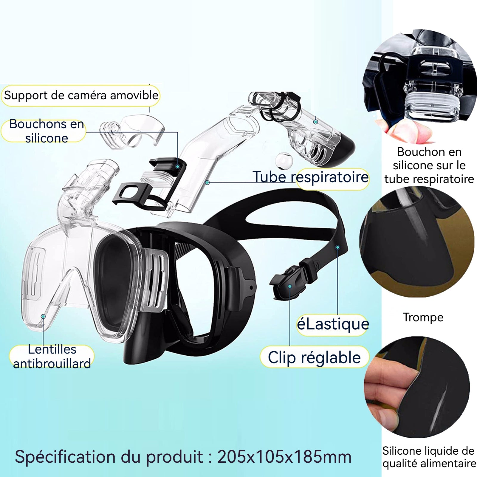 Masque de Plongée 205x105x185mm Grand champ de vision 180 degrés Anti-buéeMatériau de sécurité Confortable Masque de snorkeling
