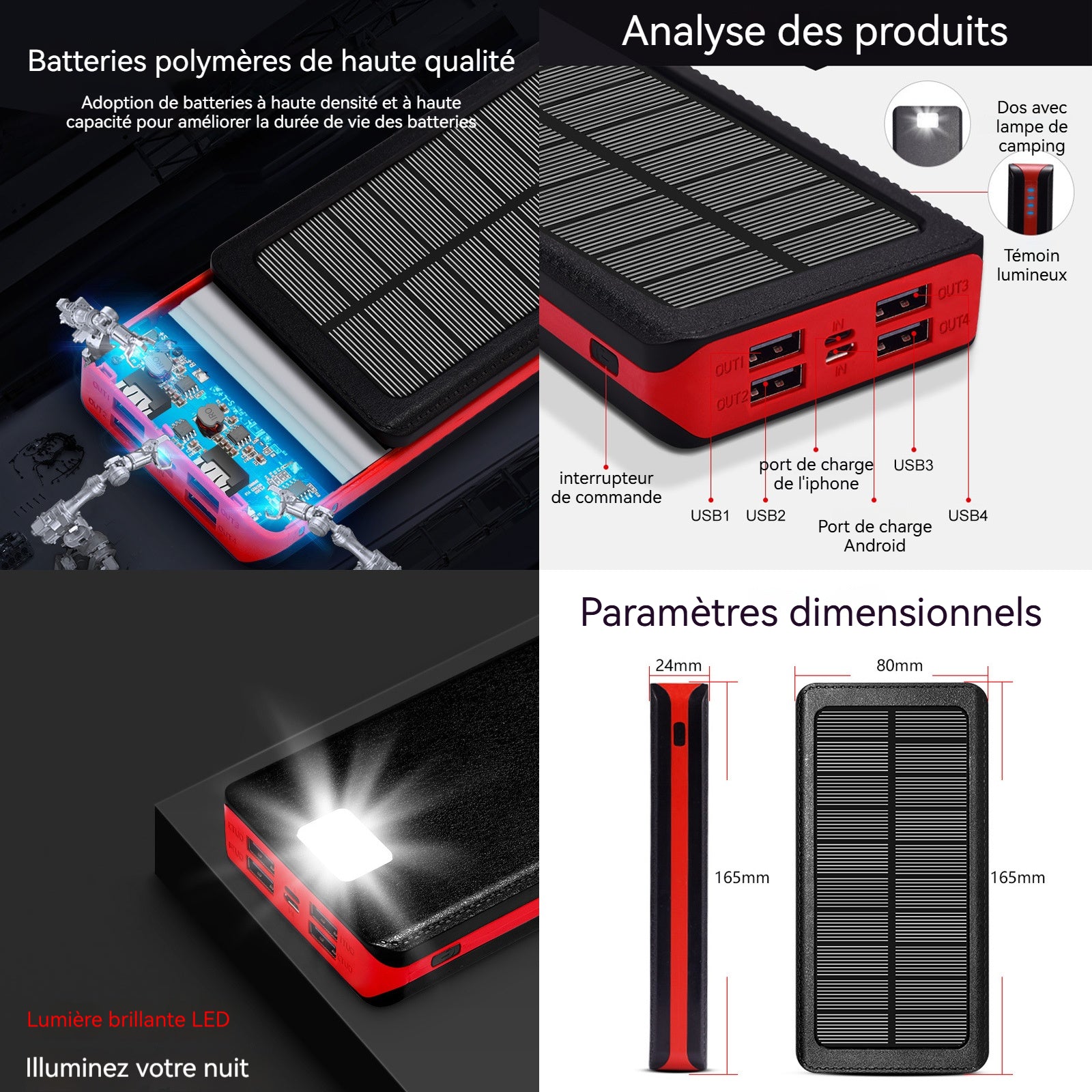 Batterie externe solaire 30000mah avec lumière LED banque d'alimentation portable avec 4 ports USB étanche power bank chargeur