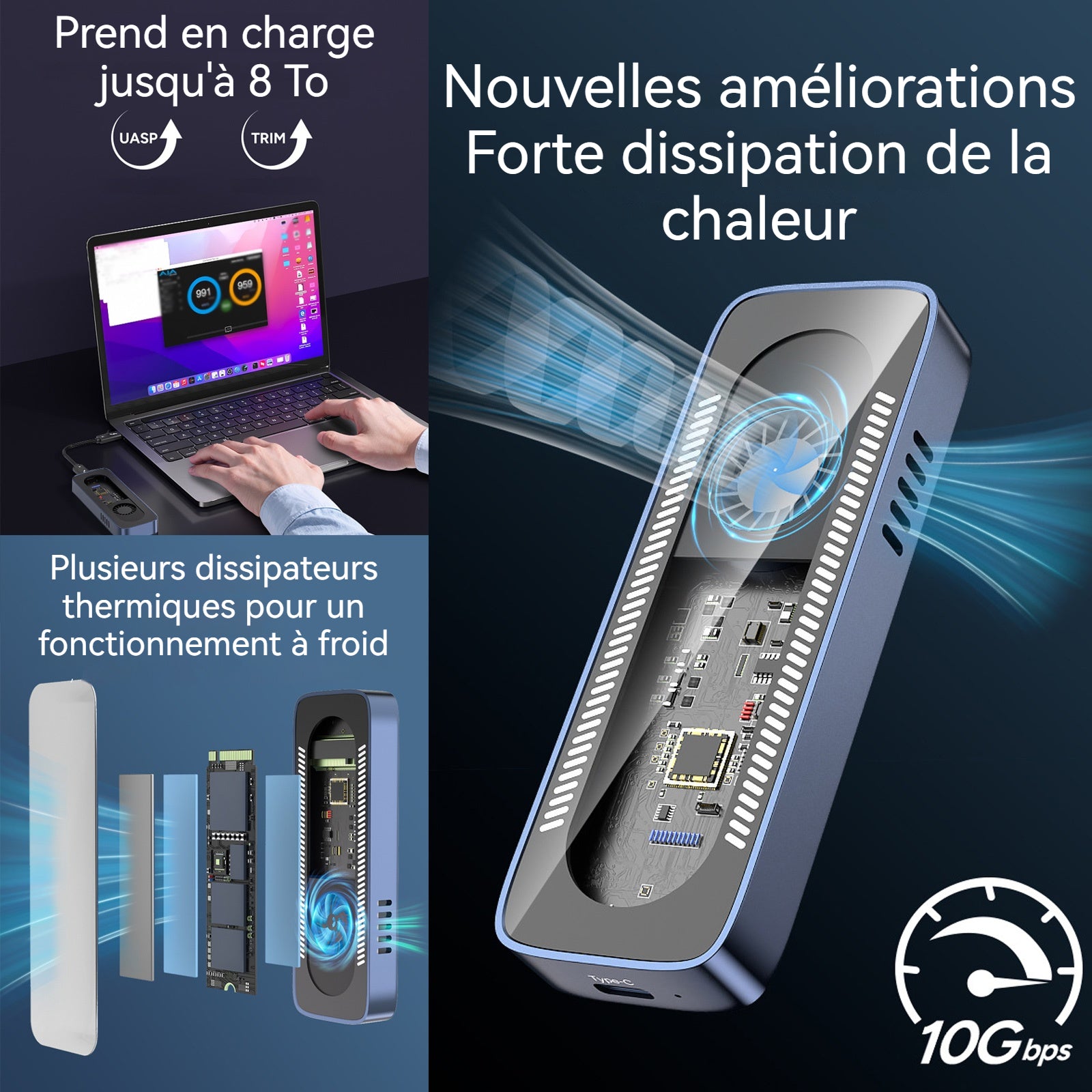 Boîtier SSD M2 NVMe usb3.2 10gbps avec ventilateur compatible boîtier de disque portable grande vitesse pour 2230/2242/2260/2280