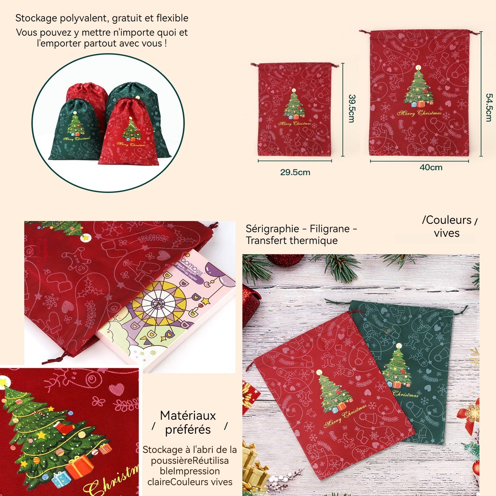 Ornements lot de 4 sac cadeau de noël 29,5x39,5cm 40x54,5cm styles rouge et vert sacs d'emballage de cadeaux de noël sac de bonbons