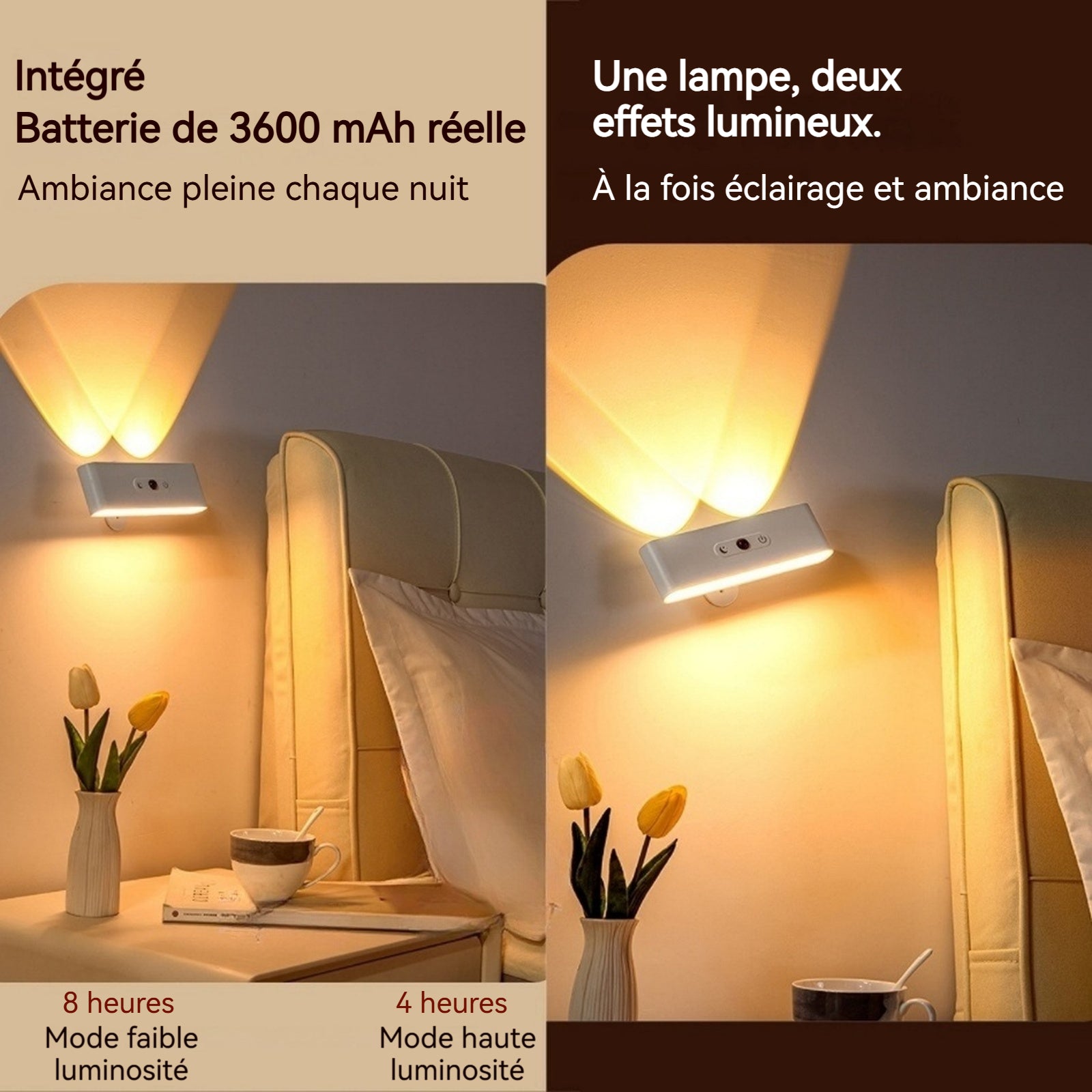 Applique murale LED 2w 3600mah 3 couleur réglable rotation à 360 degrés réglable tactile magnétique lampe murale pour intérieure