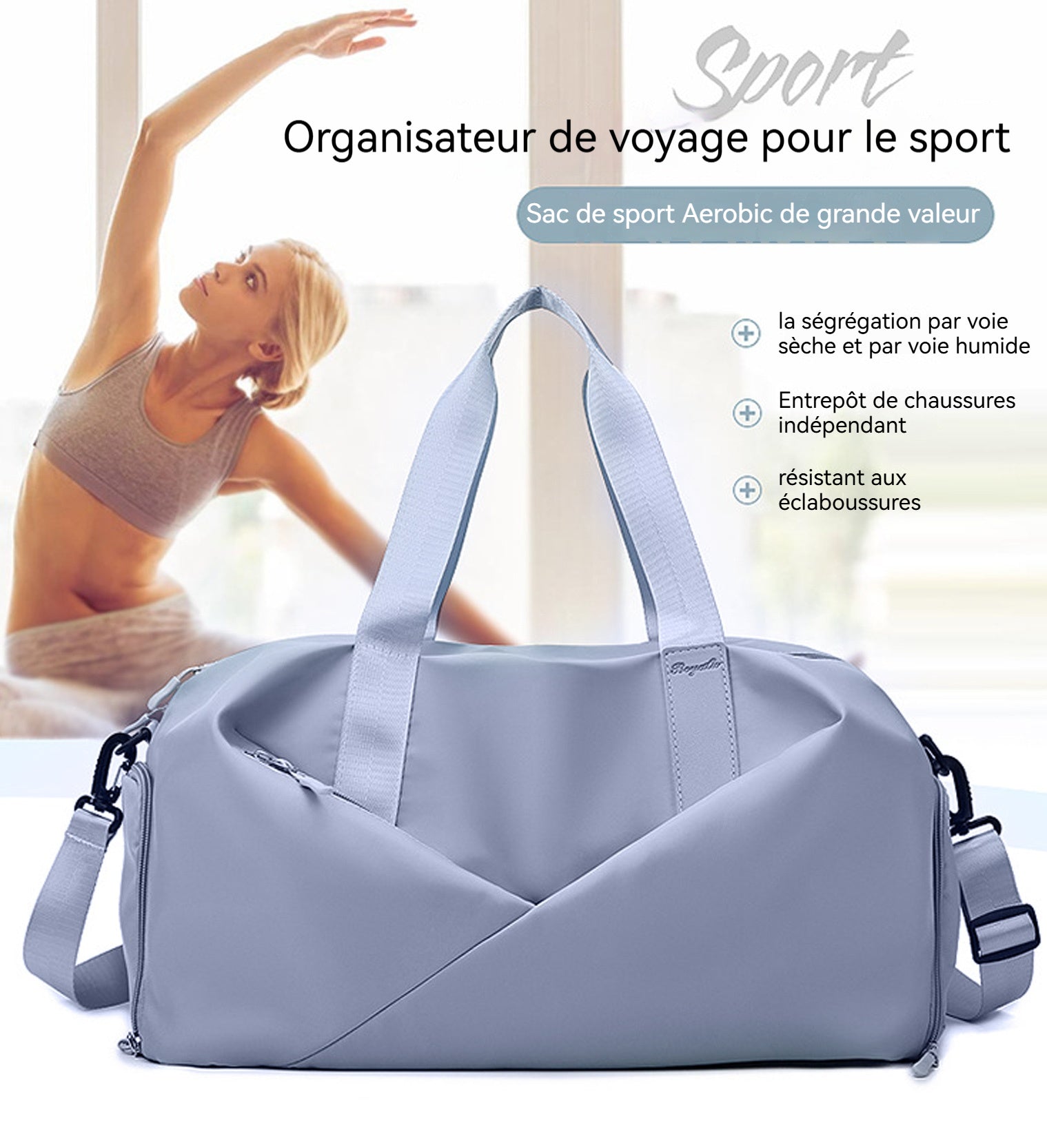 Sac de sport 46x27x27cm tissu oxford bleu main sac de voyage avec compartiment à chaussures et poche de séparation humide et sèche