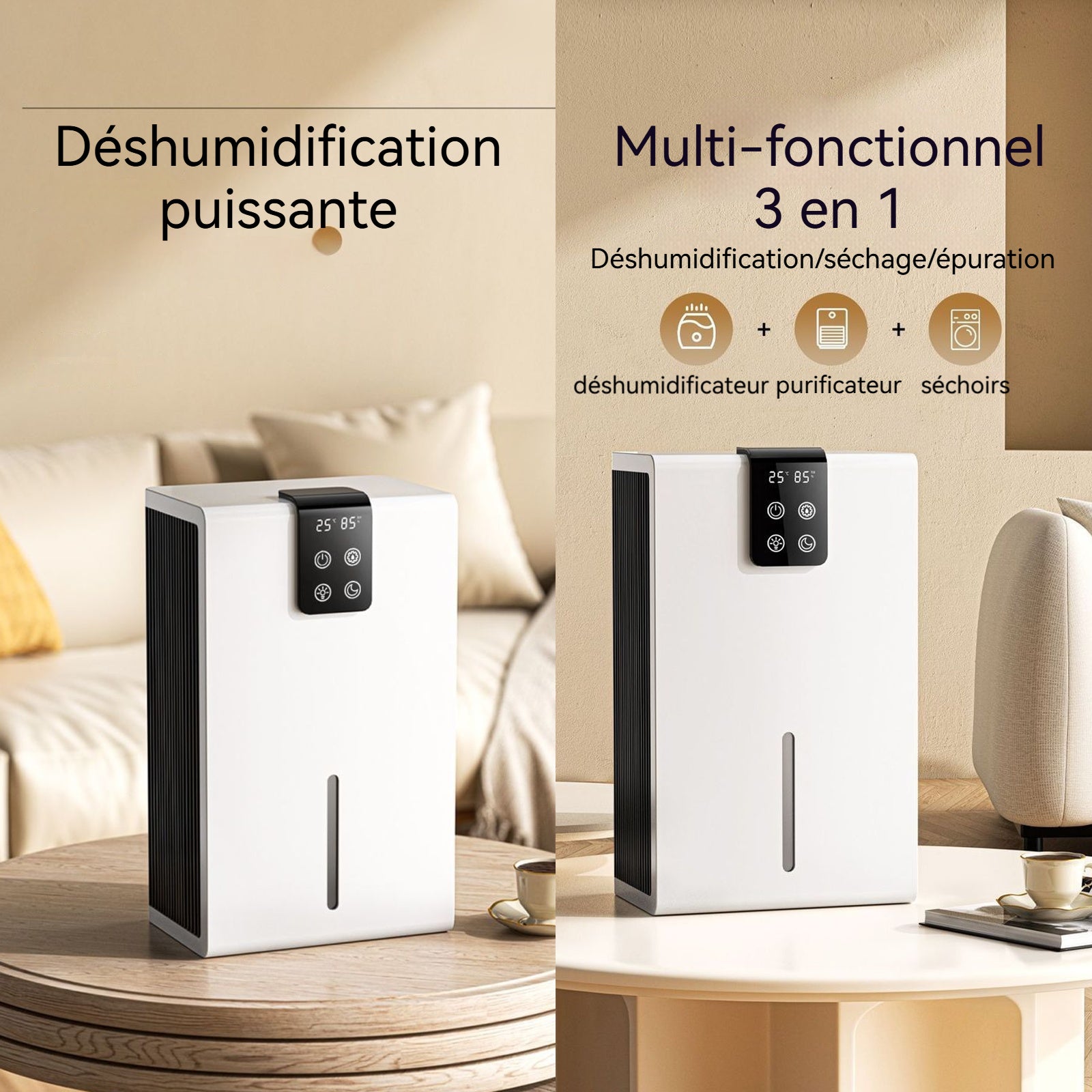 Déshumidificateur 90W 2,8L multifonction 3 en 1 déshumidificateur d air electrique 3 modes de déshumidification LED 7 couleurs