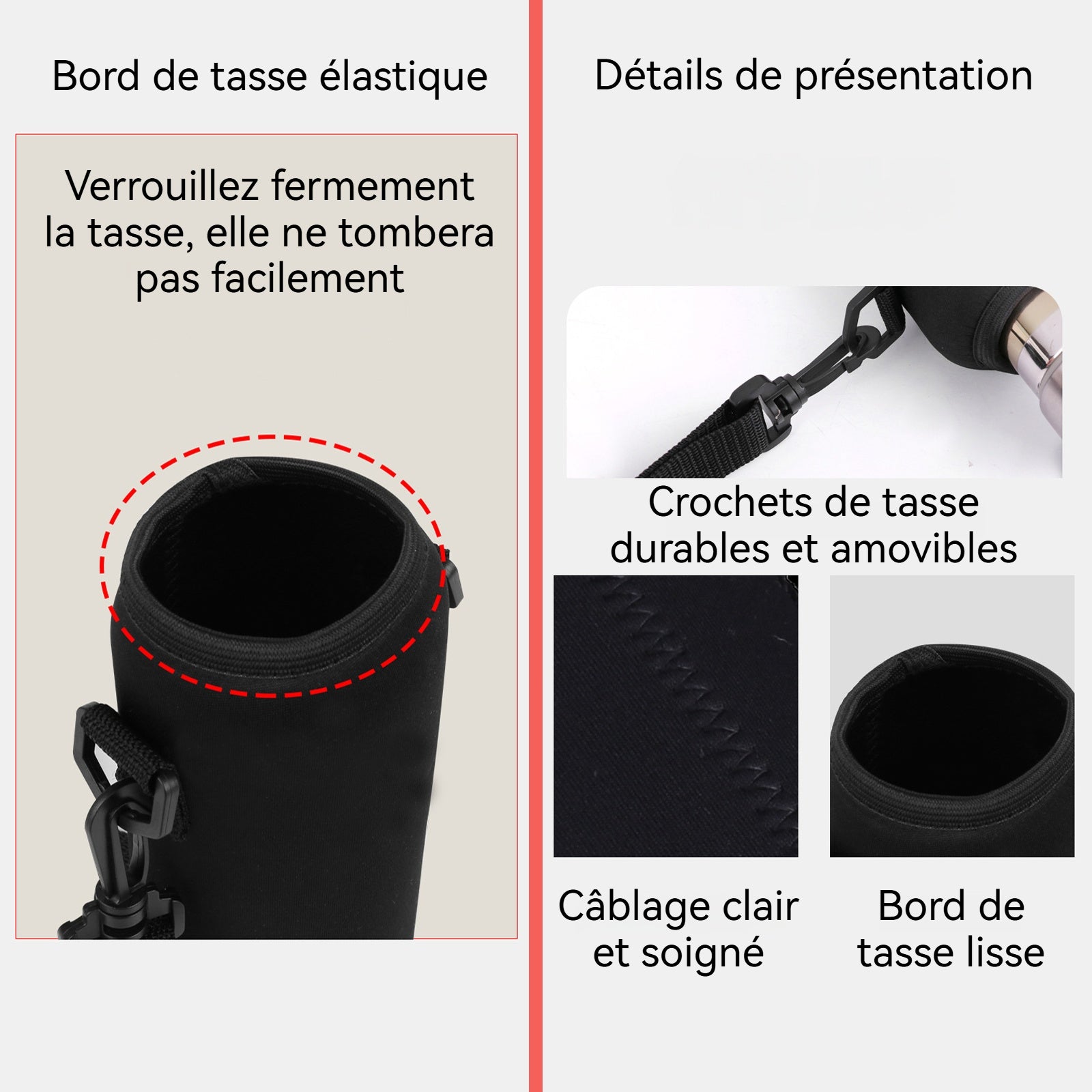 Housse verre d'eau anti-chute et isolation thermique adapté aux tasses de 1500 ml facile à transporter matériau durable noir