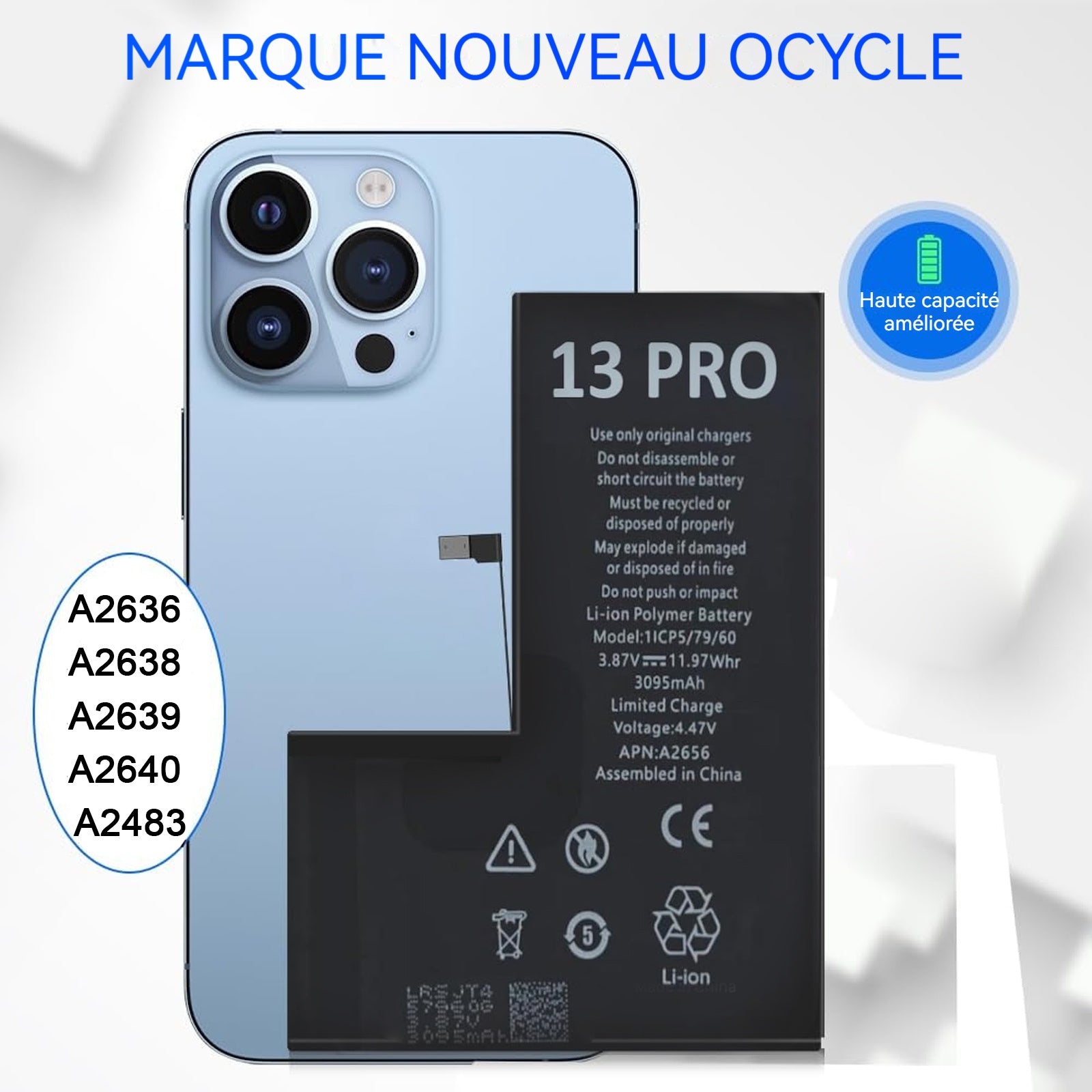 Batterie pour iPhone 13 Pro 3095 mAh Batterie de Remplacement Polymère Li-ION avec Kit d'Outils de Remplacement et Instructions