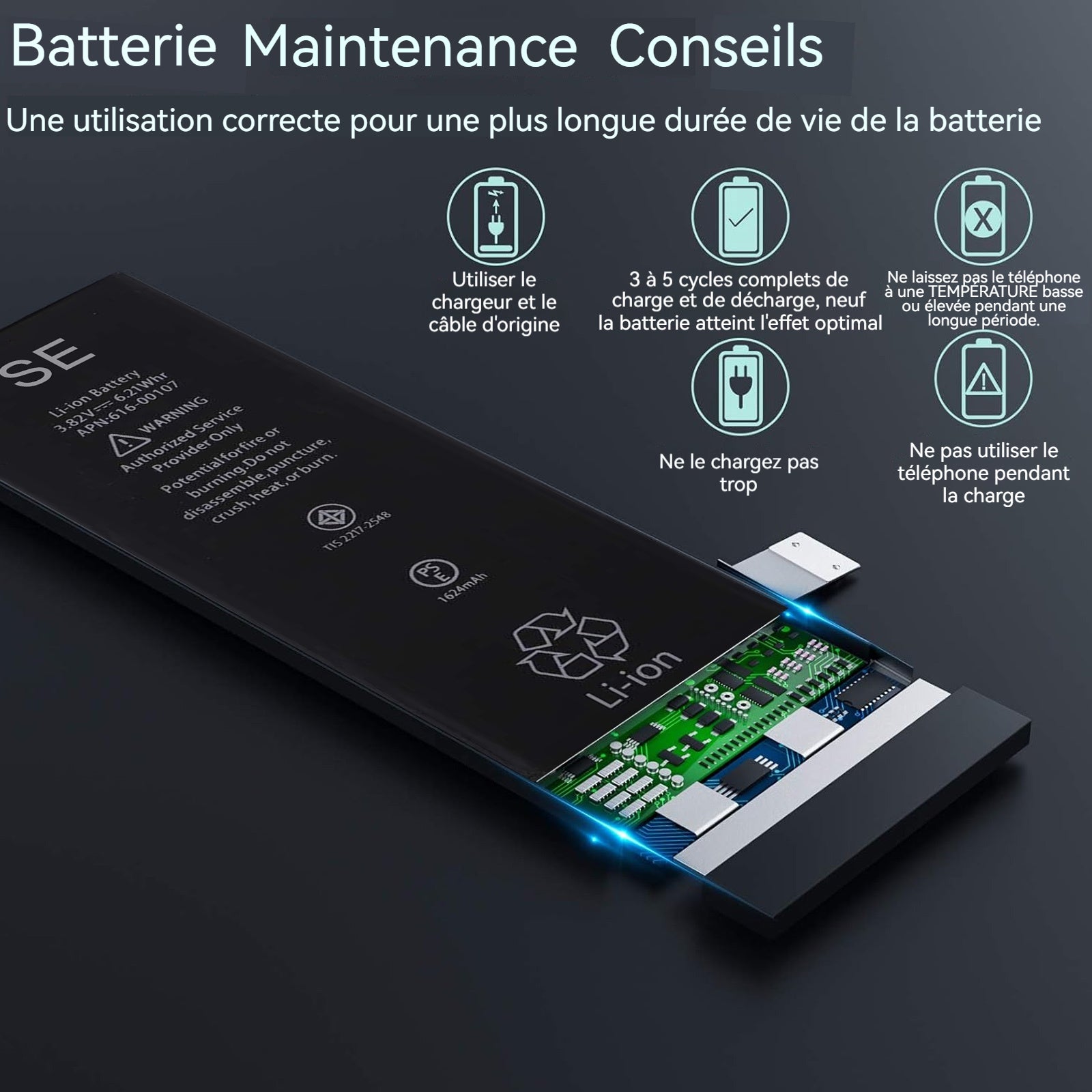 Batterie Premium de Remplacement pour iPhone SE 1624 mAh Identique à l'Original Kit Outils Professionnels et adhésif écran Inclus