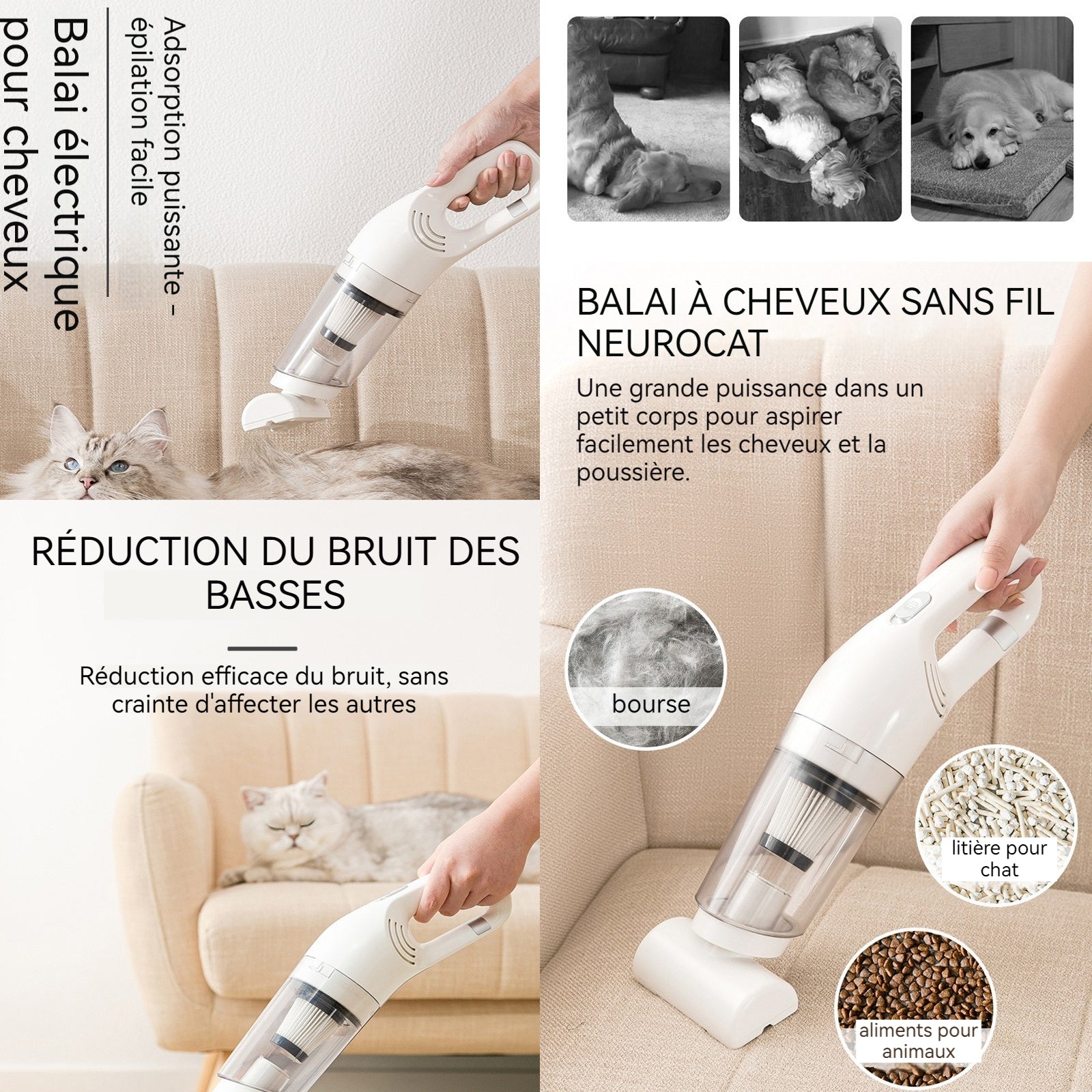 Aspirateur poil de chien 12000Pa 0.35L 120w chargement USB matériau ABS récipient aspirateur poil de chien chat professionnelle