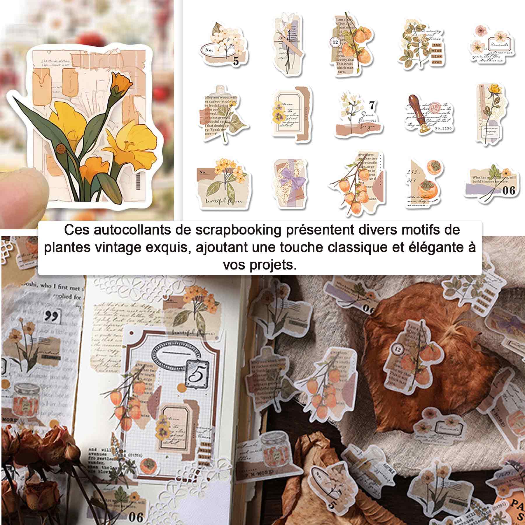 Autocollants 40 feuilles stickers scrapbooking vintage exquis album photo carnet déco autocollants pour les mains fleurs botaniques