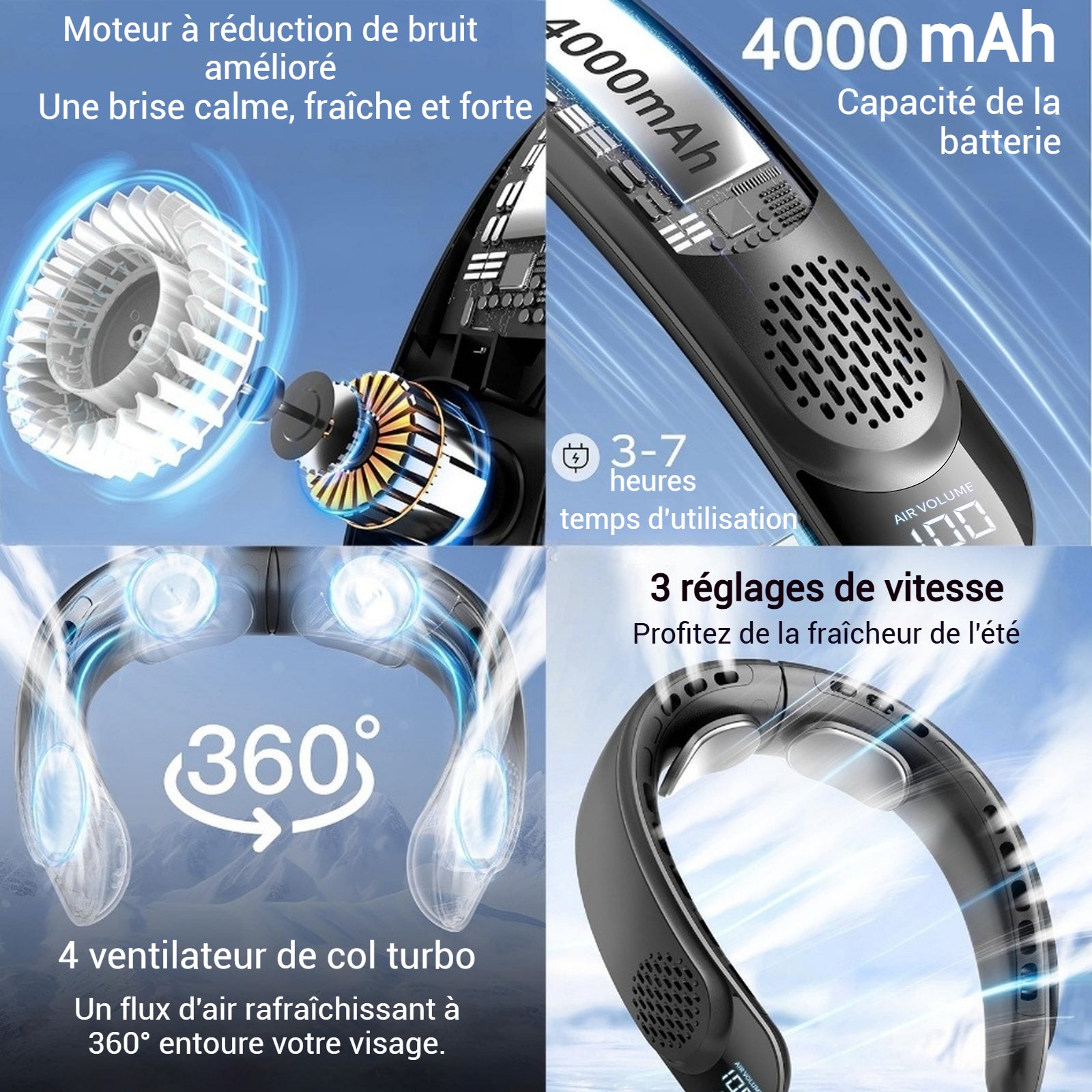 Ventilateur de cou sans fil 4000mah noir 4800rpm-7300rpm 3 vitesses réglables avec affichage numérique réglable éventail de cou