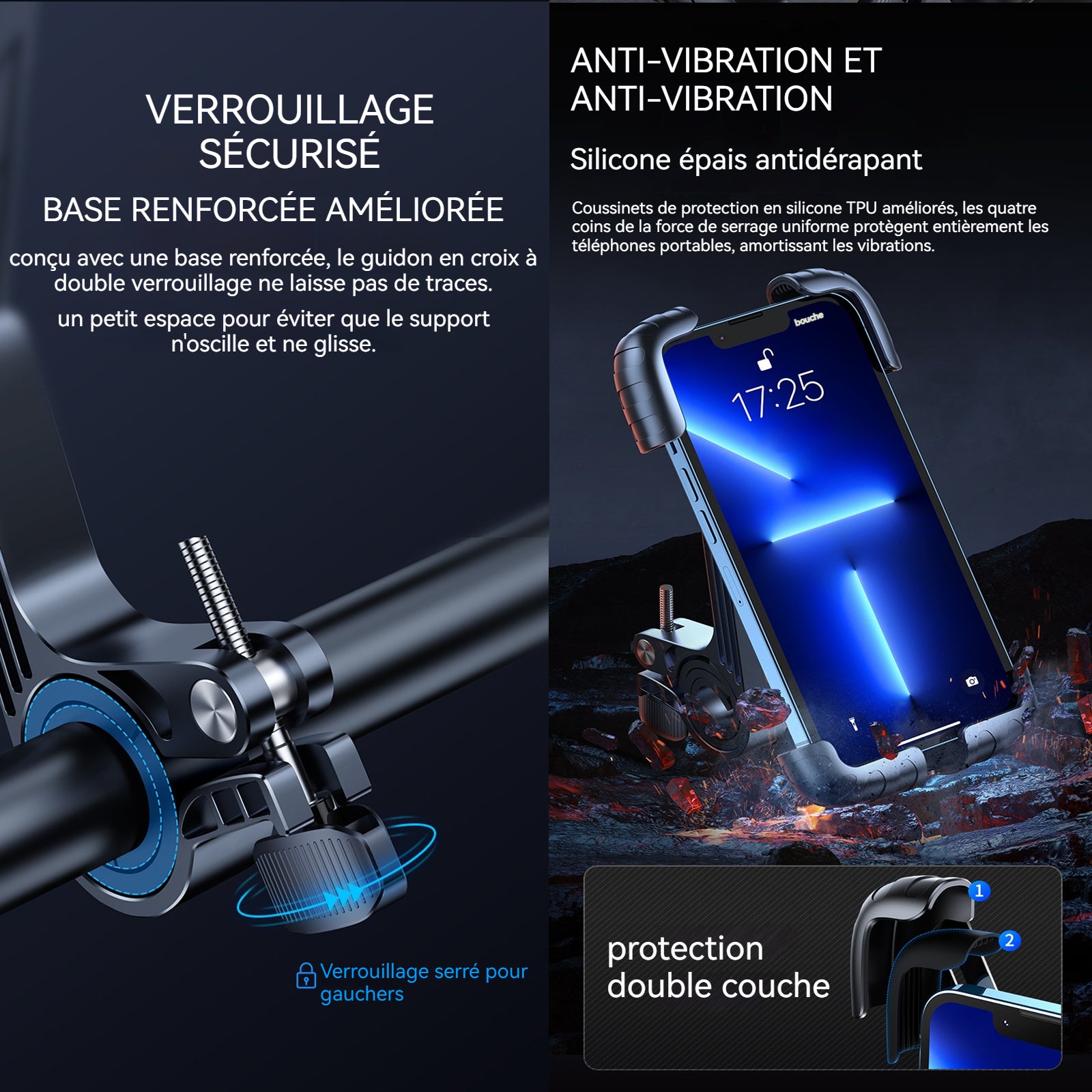 Support telephone moto 14,8x9,7x5cm 360 degrés rotation résistant aux chocs porte telephone velo pour téléphones de 4,7-7,0 pouces