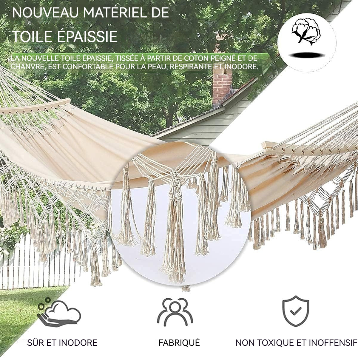 Hamac 200x150cm hamac à pompons balançoire de camping pliante en toile tissée pour l'extérieur peut accueillir deux personnes