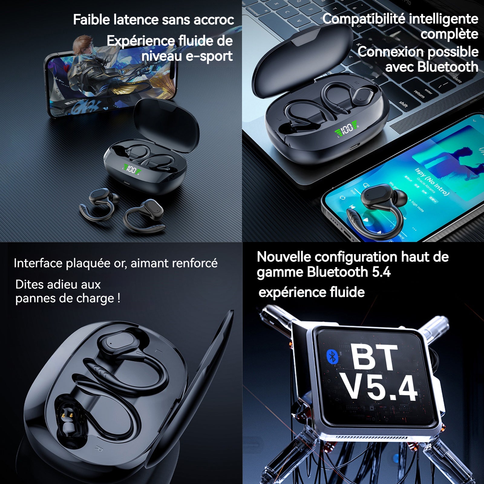 Écouteurs de Traduction Crochets d'oreille redessinés batterie longue durée conception à membrane souple Fluide et sans latence