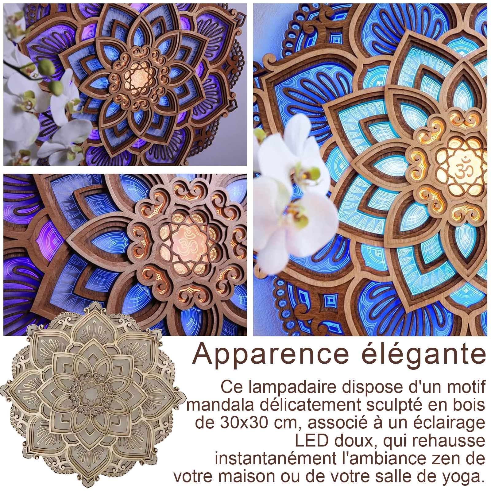 Applique murale mandala en bois 10W charge USB gravé à la mandala night light pour la décoration de salle de yoga à la maison