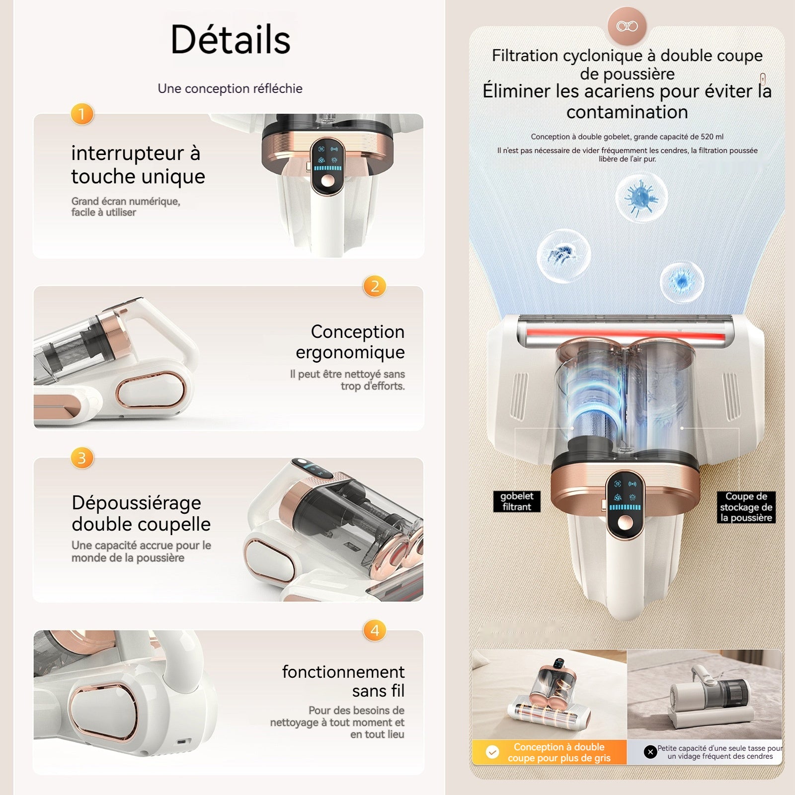 Aspirateur anti acariens 13000 pa système de Filtration Dual-Cyclonic avec Affichage LED pour Matelas Textiles Meubles de Canapé