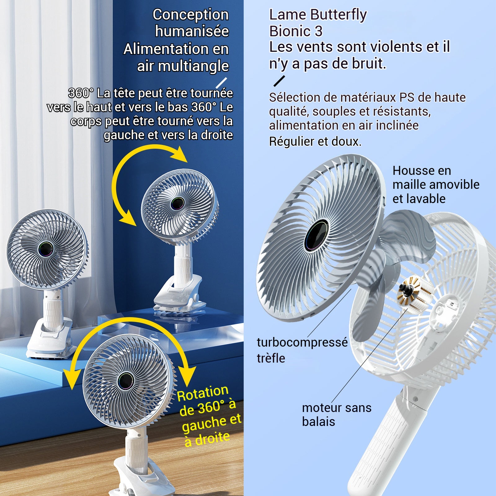 Ventilateur 18 x 29 cm 3 vitesses de ventilation multifonction 4 en 1 rotatif moteur sans balai grille dense ventilateur portable