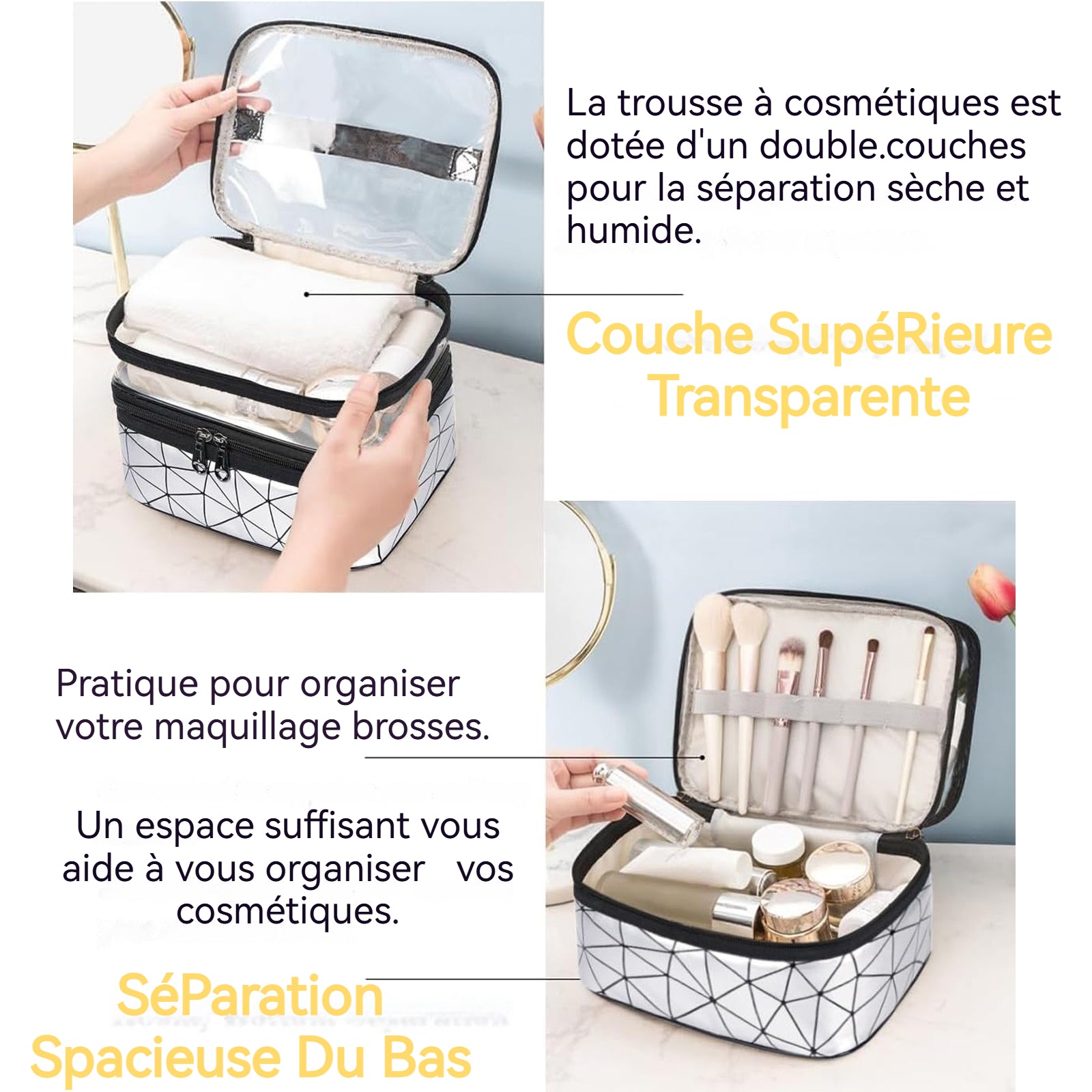trousse de toilette 80g double couche transparent et visible imperméable avec poignée de transport grande capacité sac à cosmétiques