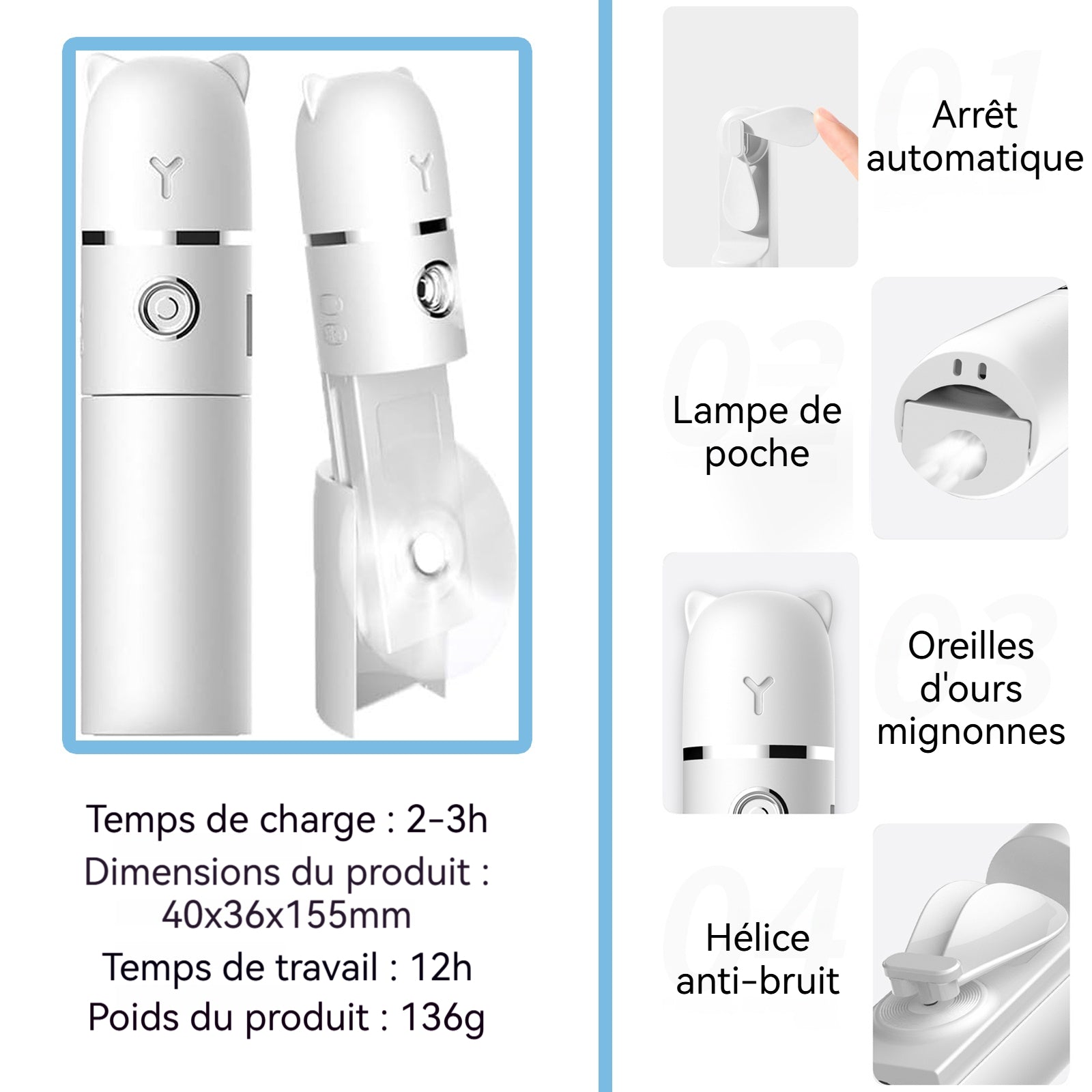 Vapeur pour le visage 1200mah Ventilateur portatif multifonctionnel chargement USB nano spray hydratant humidificateur facial