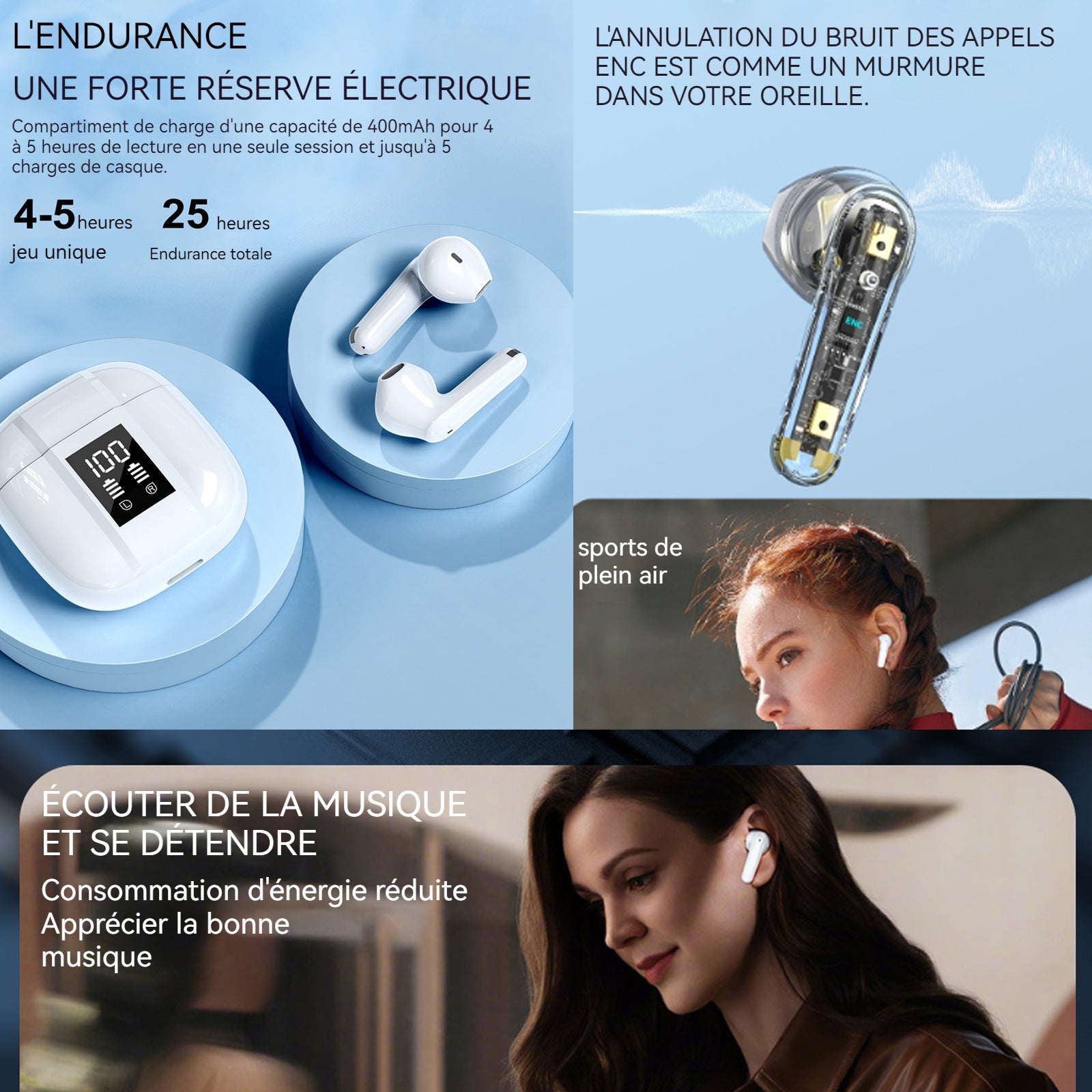 Ecouteurs bluetooth sans fil 25 heures d'utilisation continue avec étui de chargement affichage numérique de la puissance à led