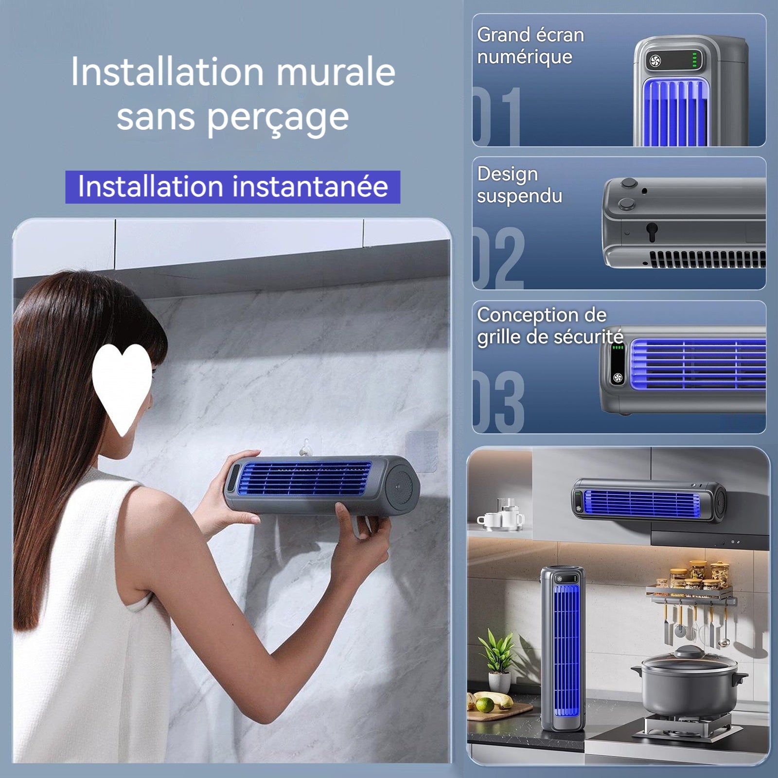 Ventilateur 312x87x83mm ventilateur mural sans perçage petit ventilateur domestique conduit de circulation d'air faible bruit