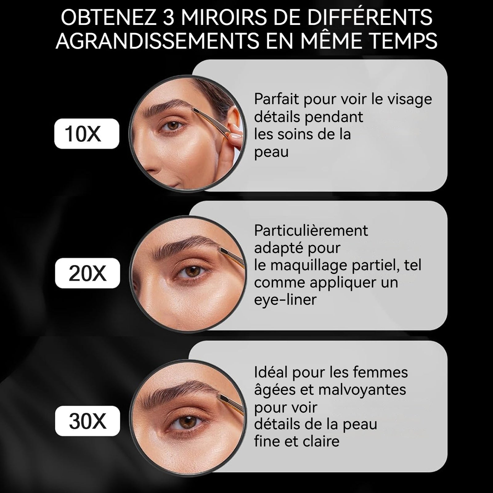 Miroir 10X 20X 30X 3PCS miroir de maquillage grossissant petit miroir avec ventouse et pince pointue pour le maquillage de voyage