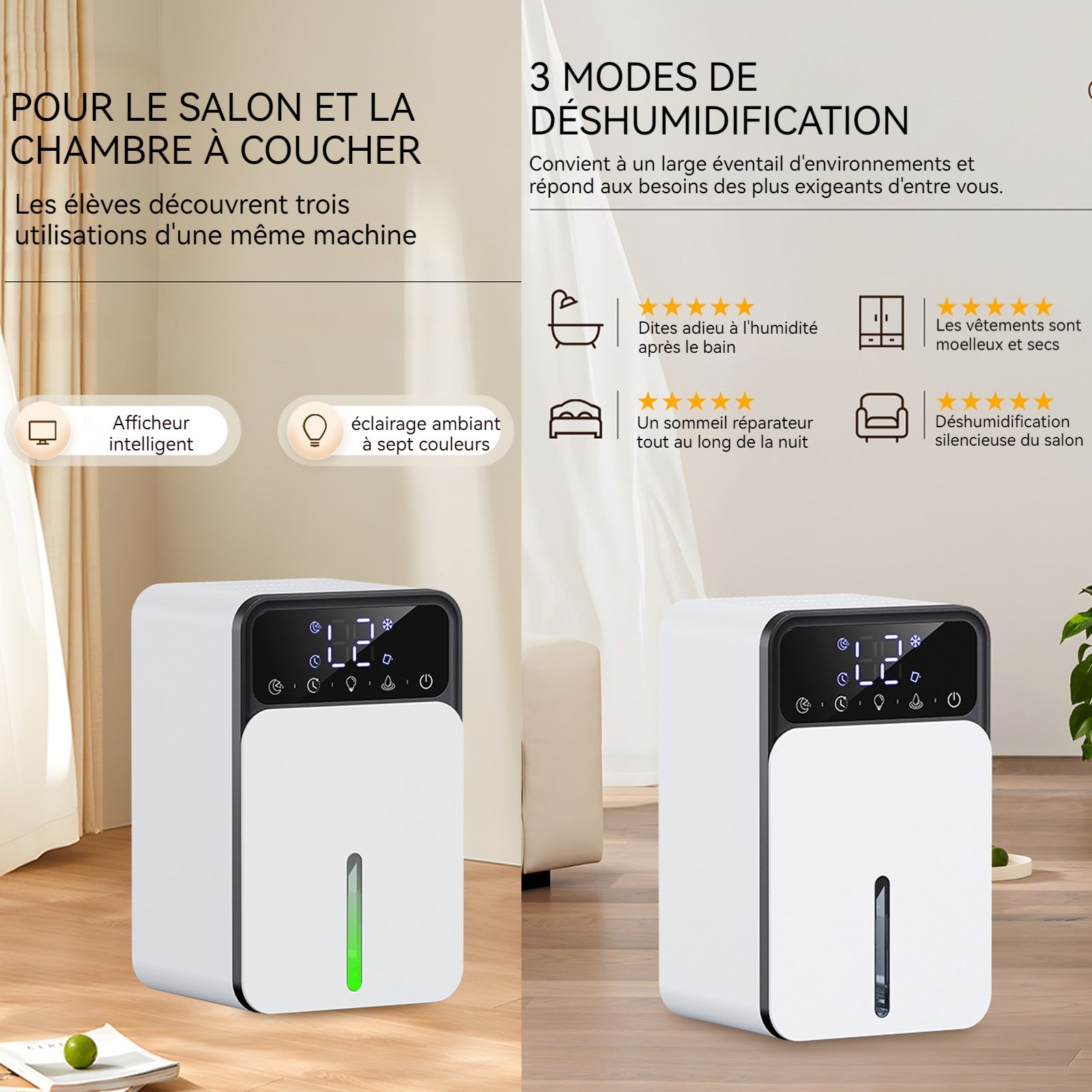 Déshumidificateur d air électrique 1200ml LCD 3 niveaux ajuster et 3 modes déshumidification d'air avec minuterie et 7 couleurs