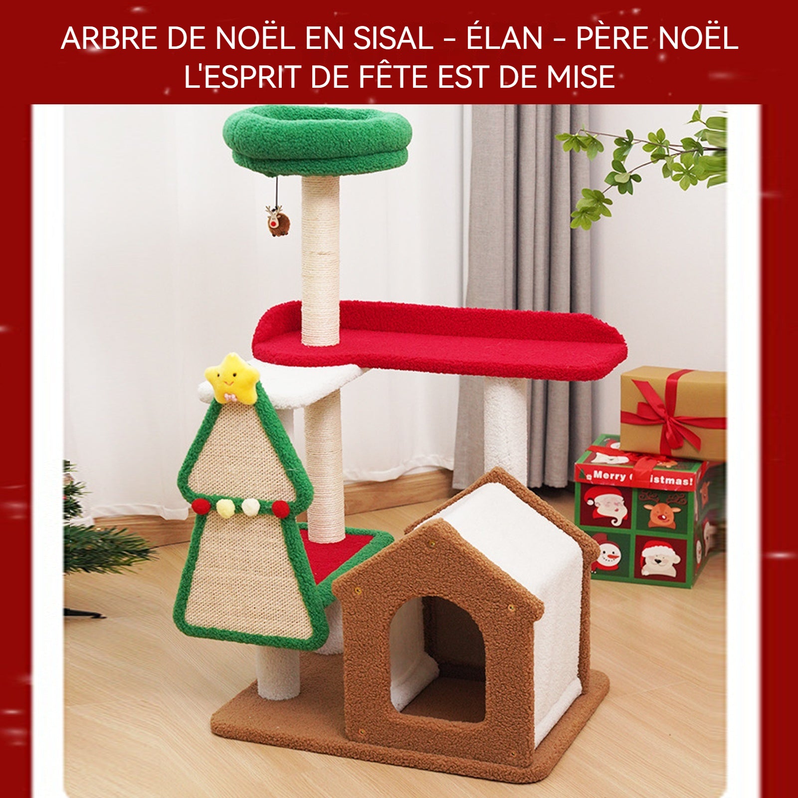 Arbre à chat hauteur 102 cm nouveau style de noël petite plateforme de saut jouets pour chats multi niveaux sisal avec griffoir