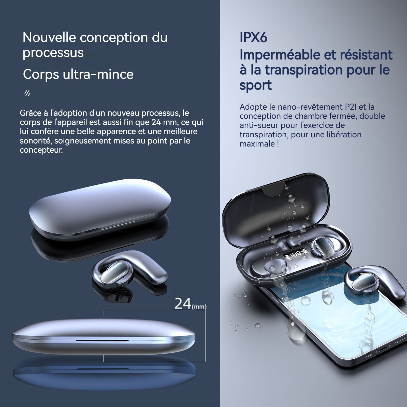 Casque Conduction Osseuse IPX6 noir batterie 400mA bluetooth 5.3 faible bruit Ecouteurs bluetooth sans fil longue durée batterie