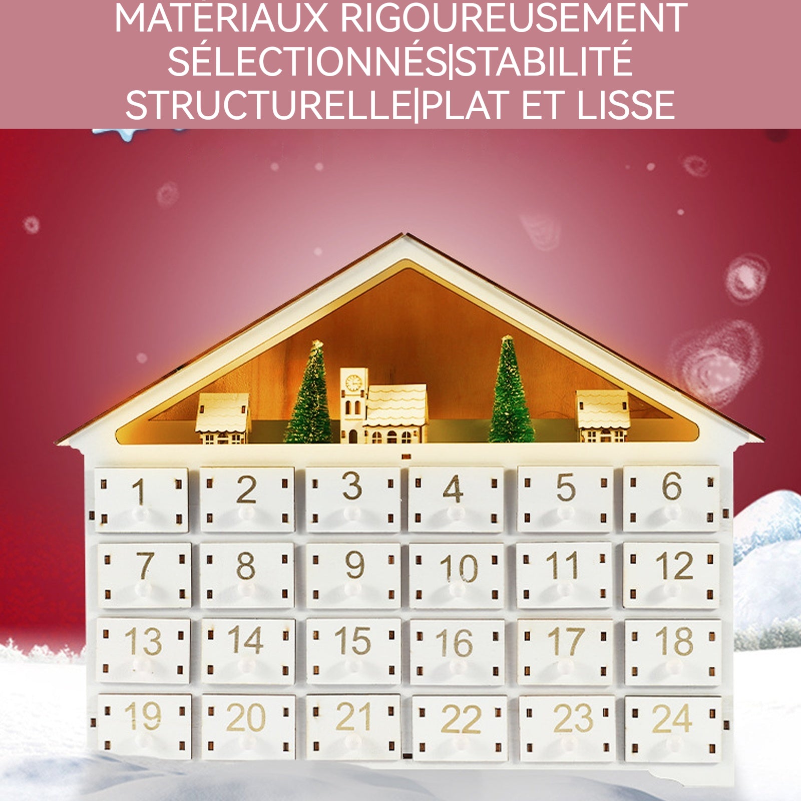 Calendrier de l'avent 24 numéros 41x8x33cm ensemble de scène de village de l'avent de noël bois livré avec des ornements calendrier