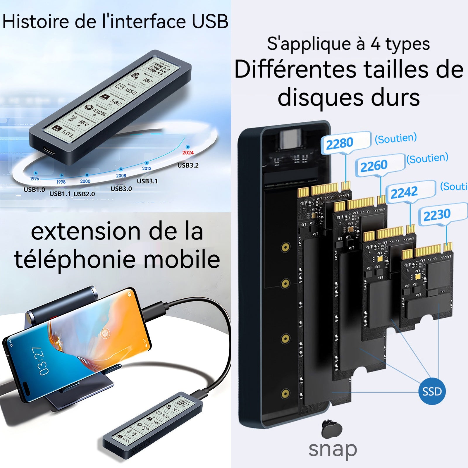 Boîtier SSD M2 SATA 5gbps avec écran d'affichage numérique compatible boîtier SSD pour 2230/2242/2260/2280 boîtier de disque