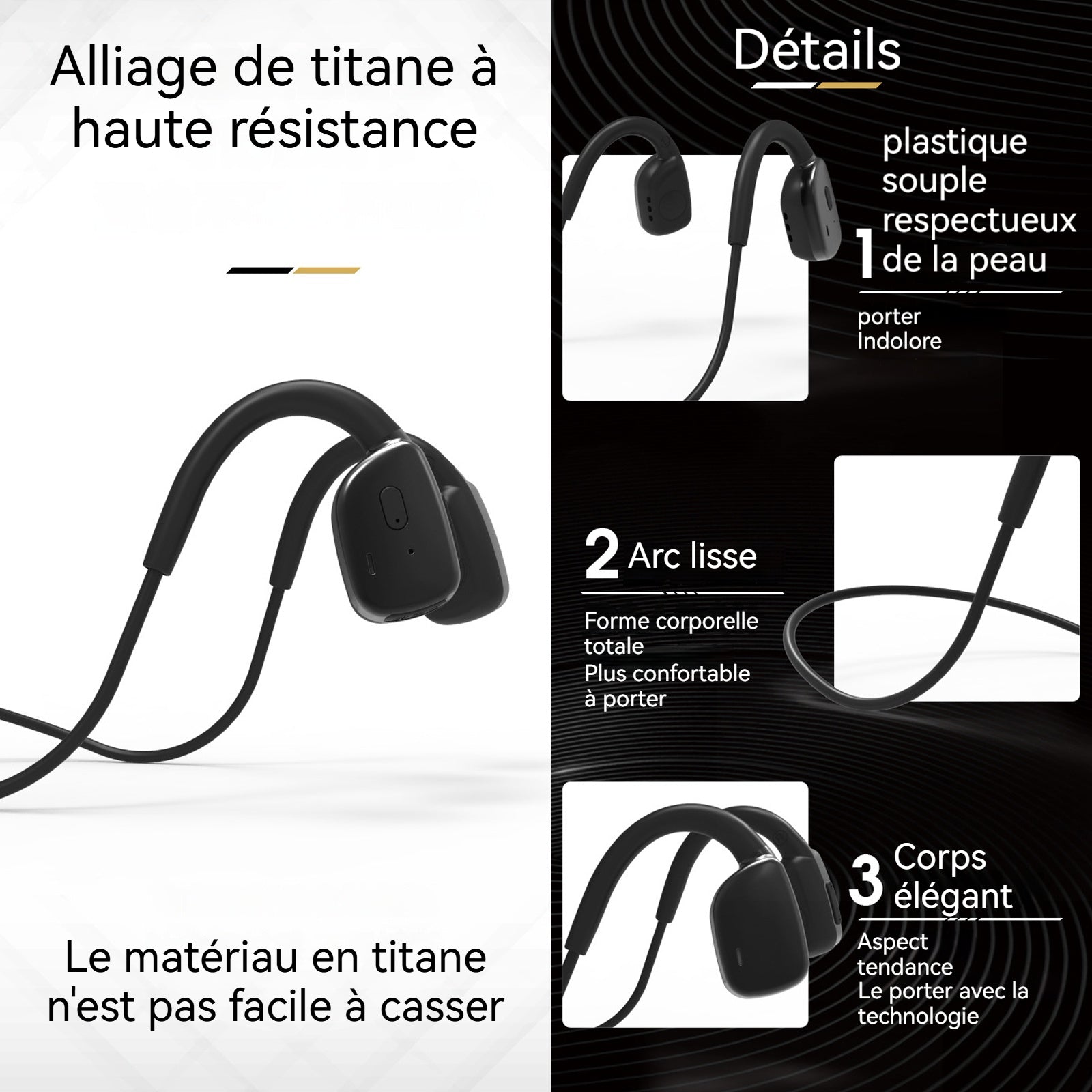 Casque conduction osseuse 8 heures d'utilisation continue mémoire intégrée 16 Go pour stocker de musique peut être plié à volonté