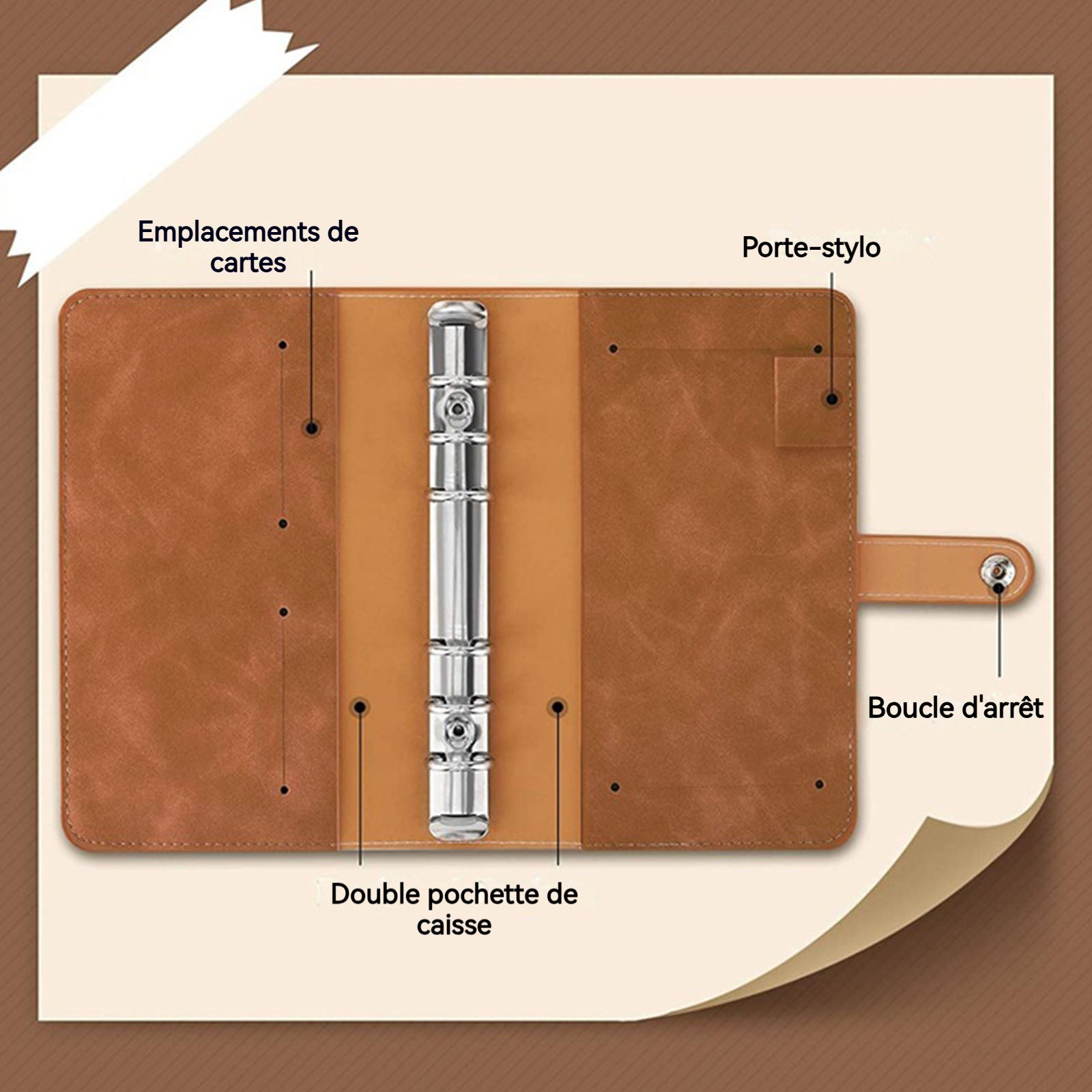 arnet A6 livre de comptes ordinateurs portables professionnels note cuir PU brun 12 sachets transparents/1 étiquette 16 grilles