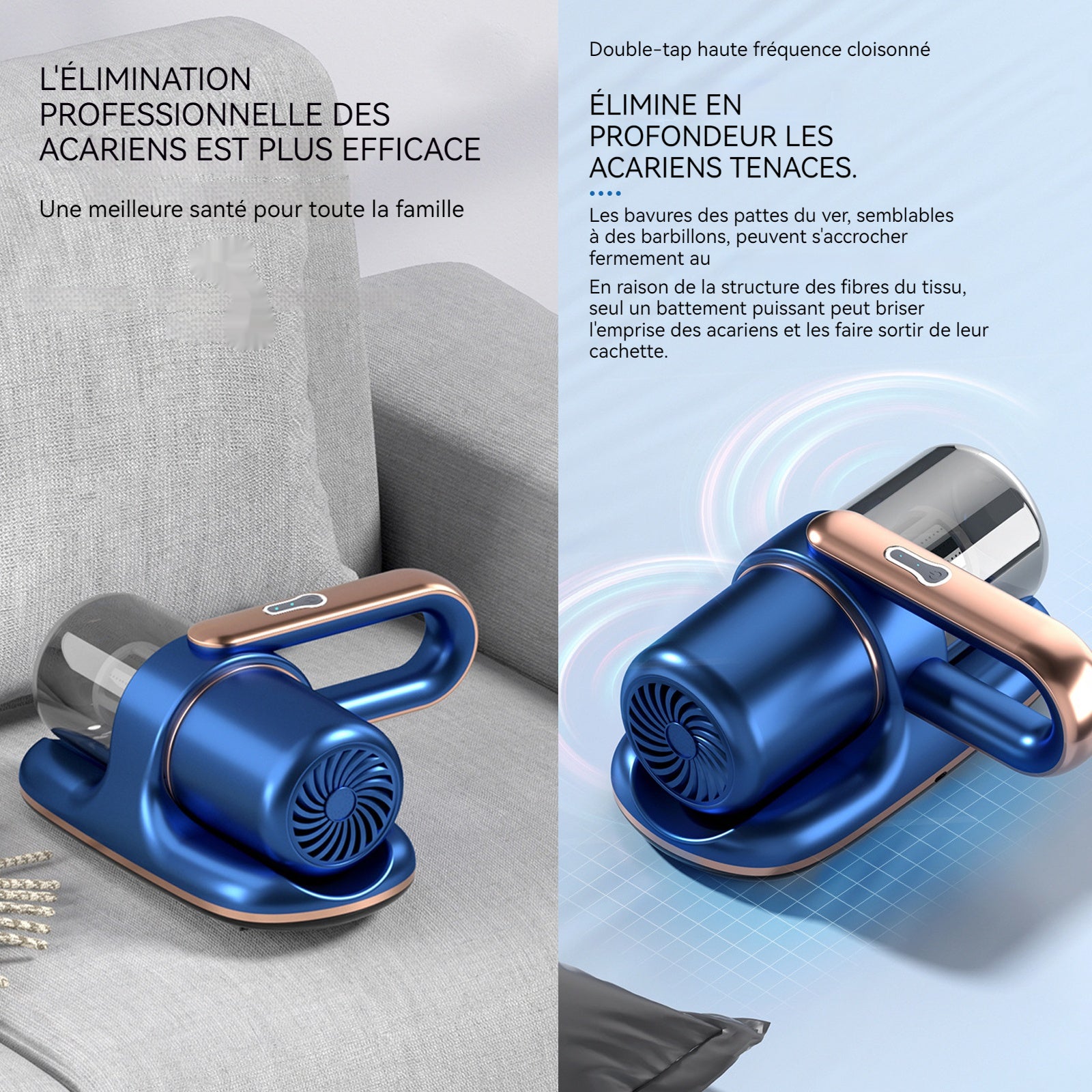 Aspirateur anti acariens 20x24x14cm 8000 fois/min Forte puissance d'aspiration Durée de vie de la batterie longue durée Corps léger
