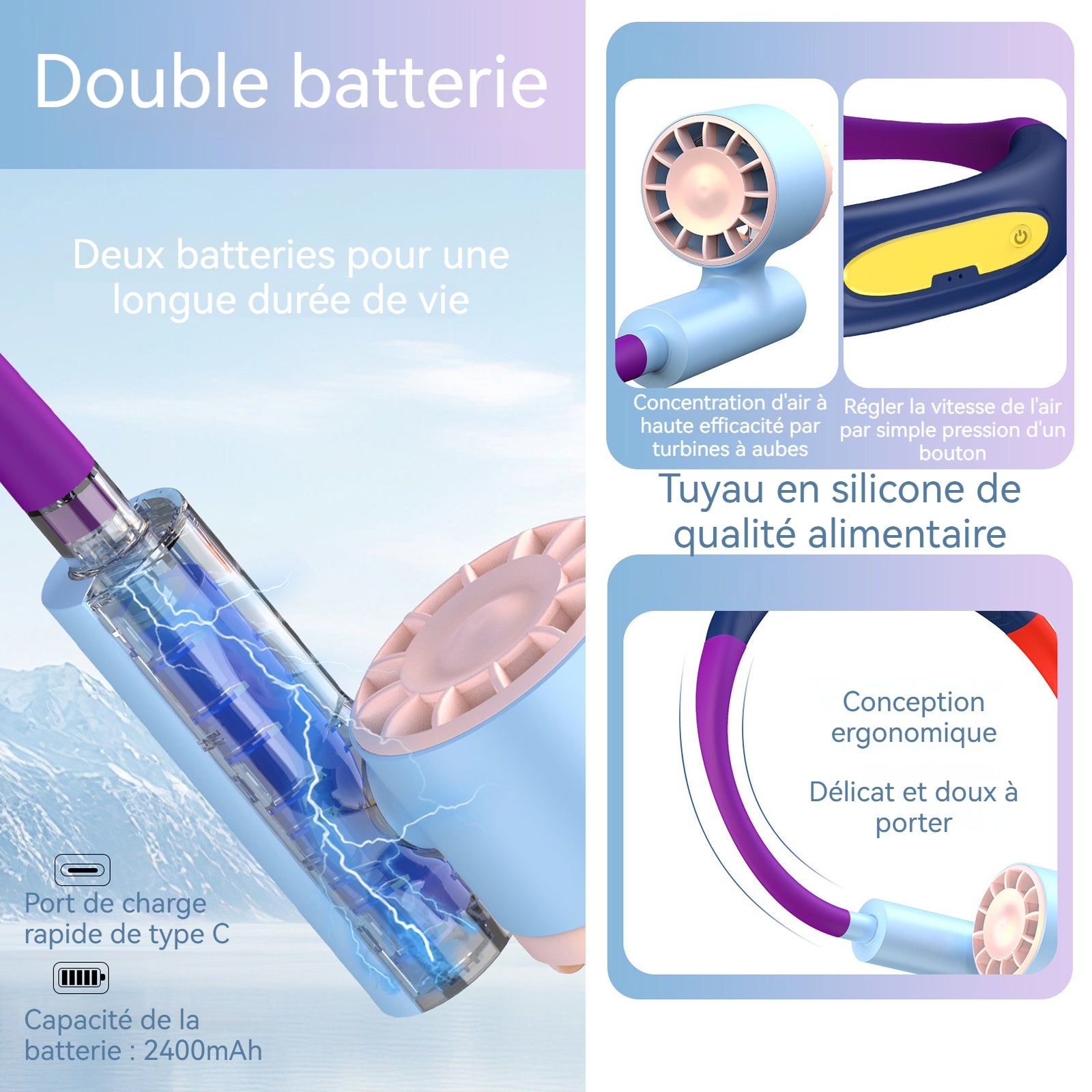 Ventilateur de Cou 2400 mAh Ventilateur réglable à trois vitesses Profitez d'une fraîcheur durable Ventilateur axial portable
