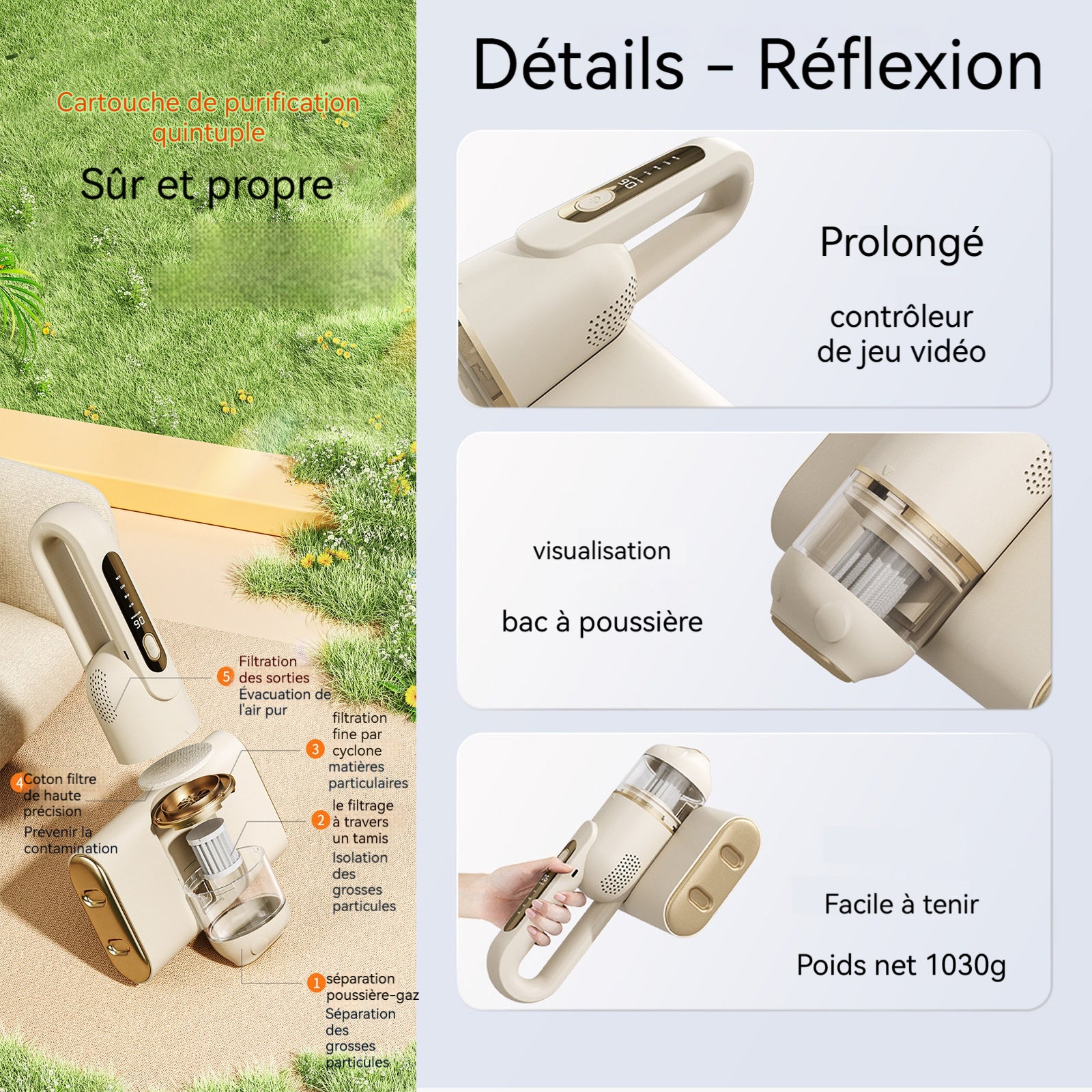 Aspirateur anti acariens 10kpa LCD écran 6 niveaux de réglage 5 éléments filtrants aspirateur à main avec 300ml boîte à poussière