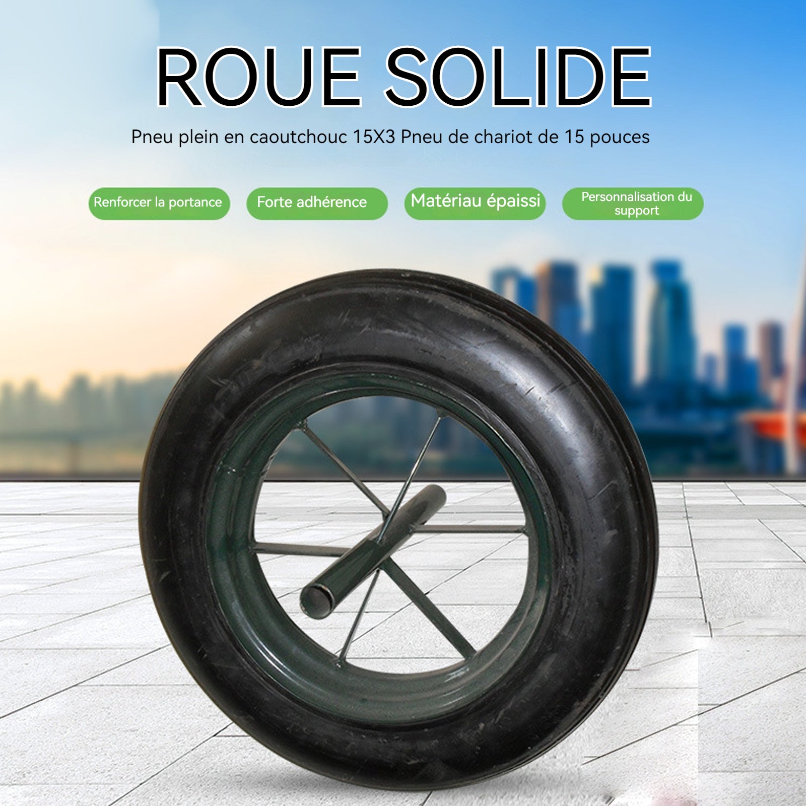 Pneu pneus en caoutchouc 15x3 pouces pneus pour brouettes et roue solide roue à poudre en caoutchouc epaissi et résistant à l'usure