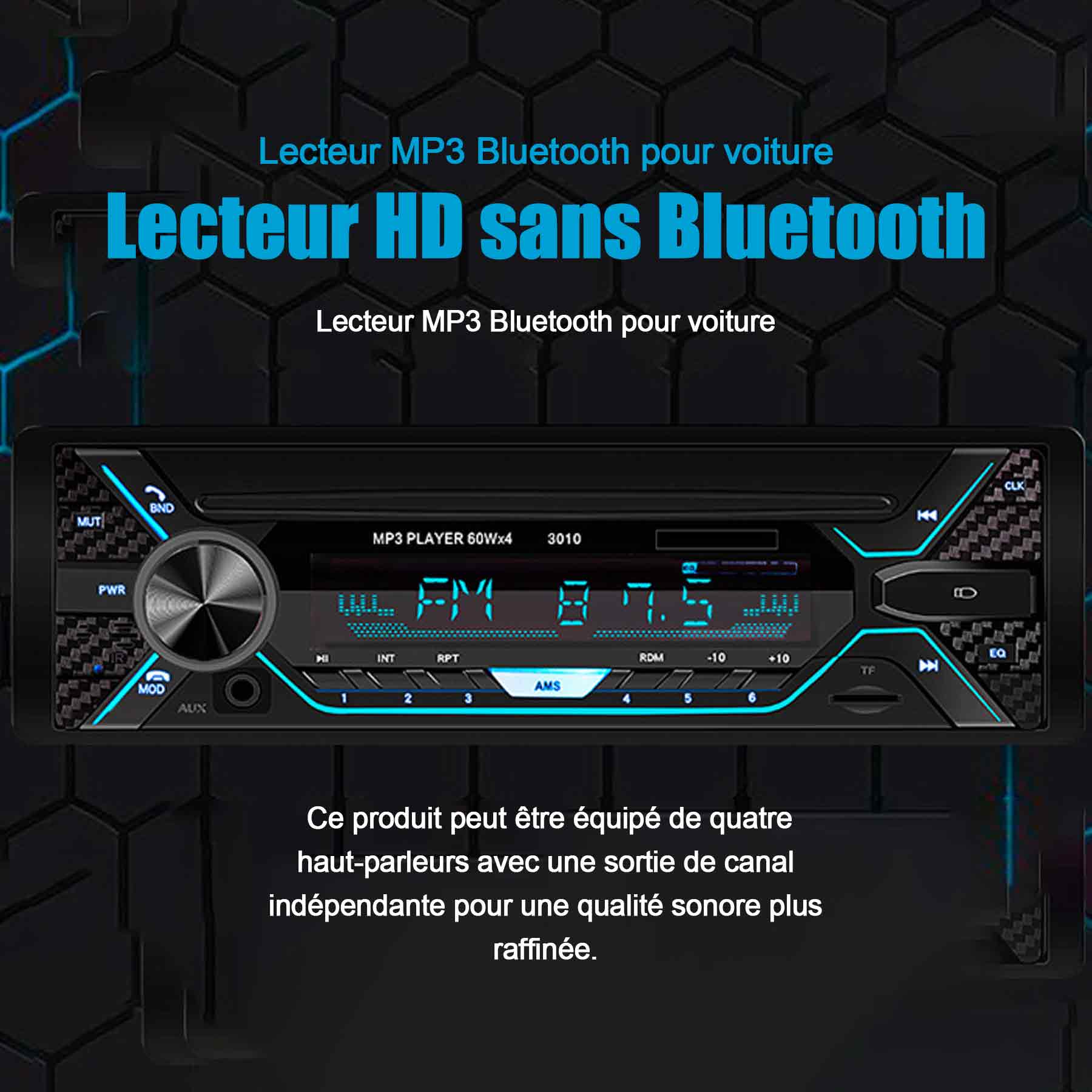 Autoradio bluetooth 60wx4 12V bluetooth radio FM stéréo lecteur mp3 fonction mains libres appels téléphoniques radio voiture FM