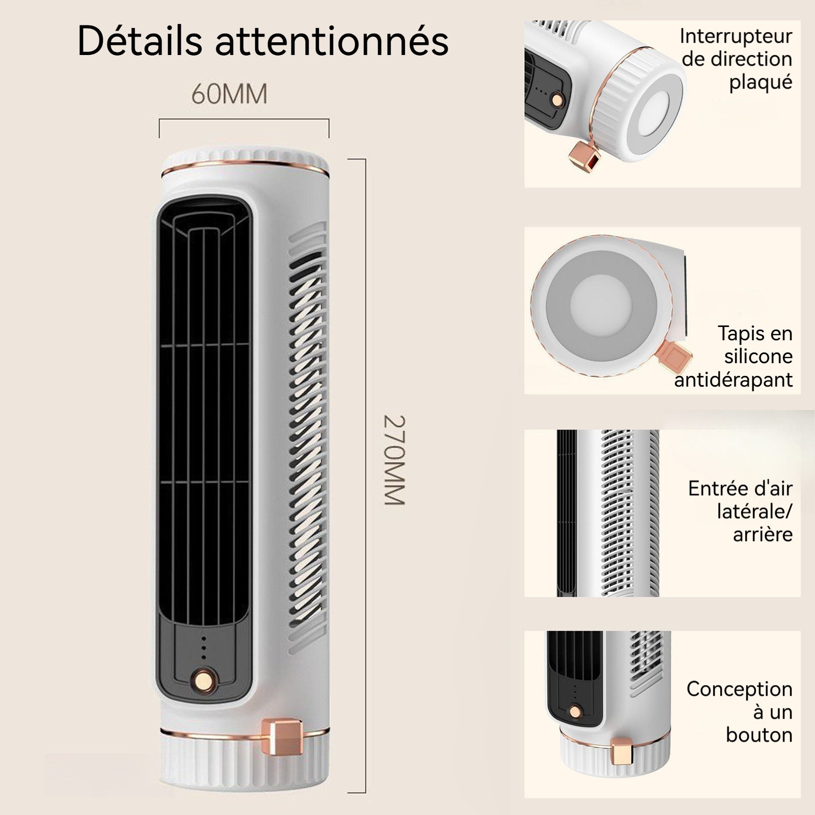 Ventilateur 3 vitesses de ventilation 60x80x270mm prise Type-C réduction du bruit ventilateur de circulation multifonction blanc