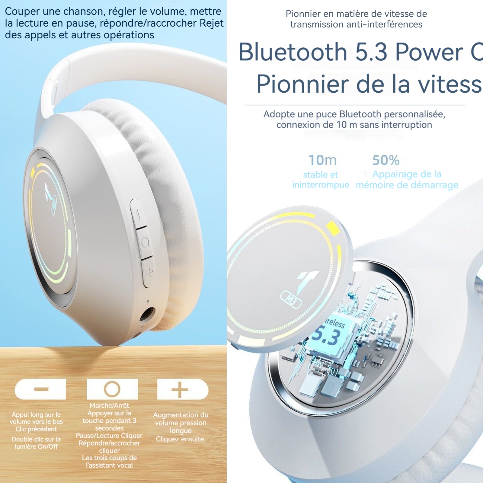 Casque Bluetooth sans Fil monté sur latête 5.3 casque Bluetooth sans filcasque Bluetooth pliableavec fonction de réduction active