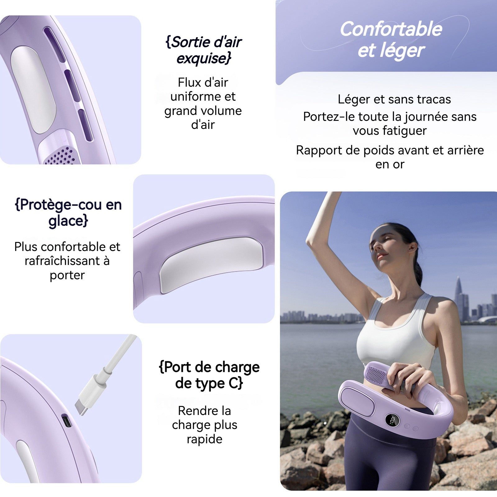 Ventilateur de cou violet 7.6W 20,2x19x11,3cm 5 vitesses réglables avec affichage numérique réglable éventail de cou portable