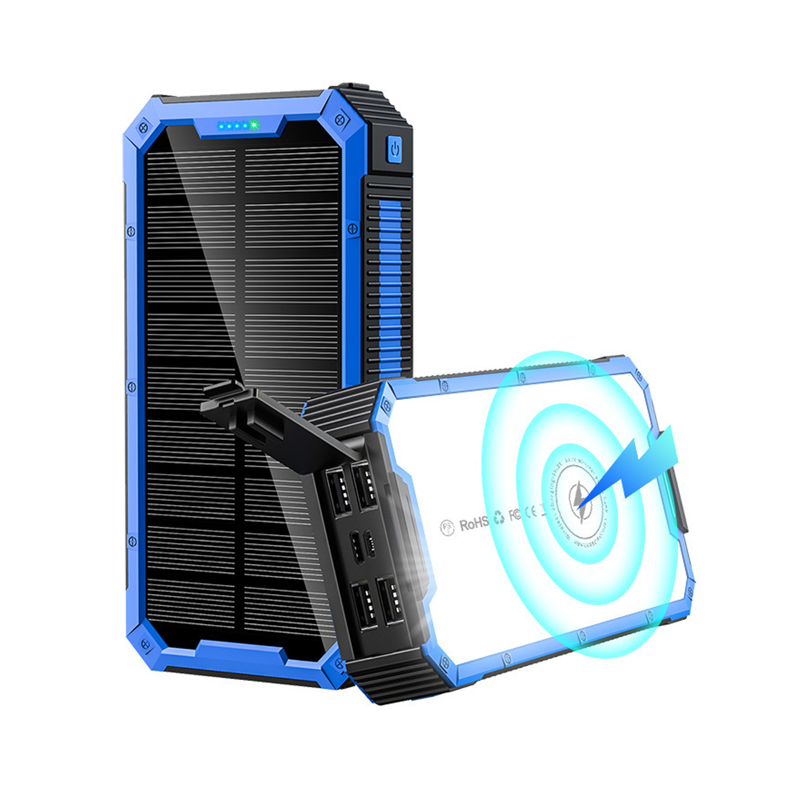 Batterie externe 20000mah 5w chargeur solaire portable chargement sans fil avec 4 usb sorties et 2 entrée avec lumière de camping