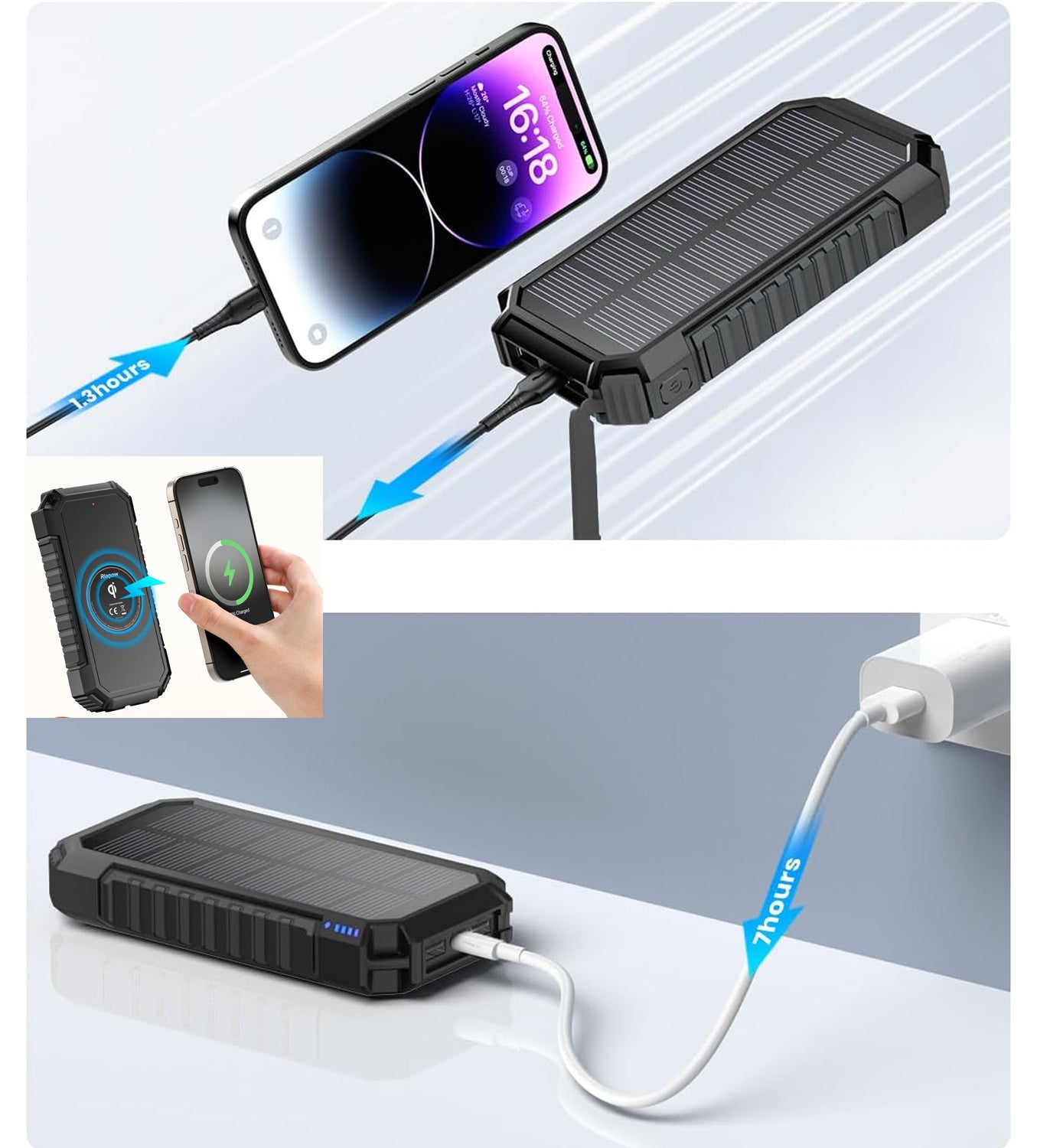 Batterie externe 26800 mAh charge rapide chargeur portable solaire avec lampe de poche LED pour smartphones tablette et camping
