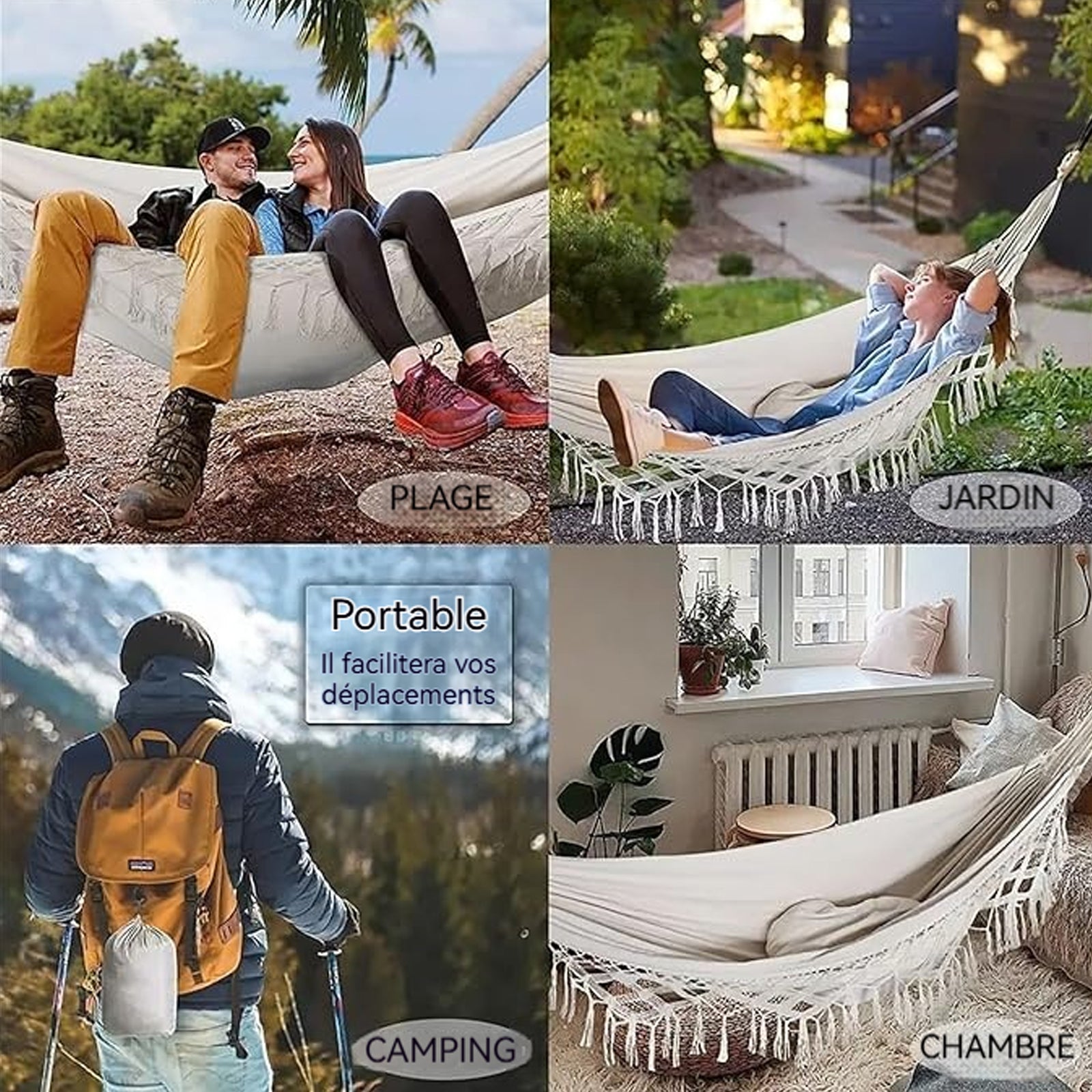 Hamac 200x150cm hamac à pompons balançoire de camping pliante en toile tissée pour l'extérieur peut accueillir deux personnes