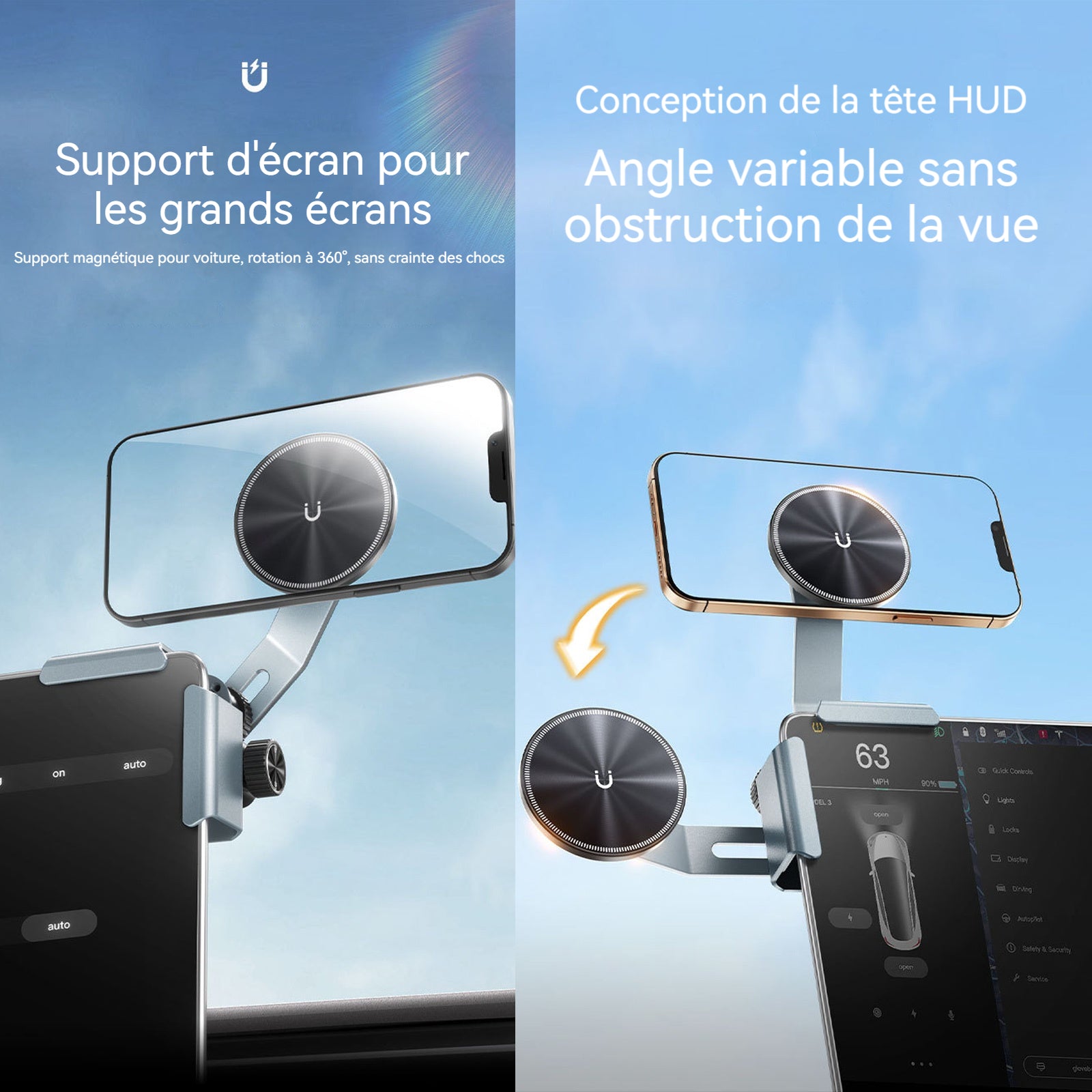 Support telephone voiture 15.9x6.8cm support voiture grand écran avec anneau d'aspiration magnétique réglage rotatif et télescopique