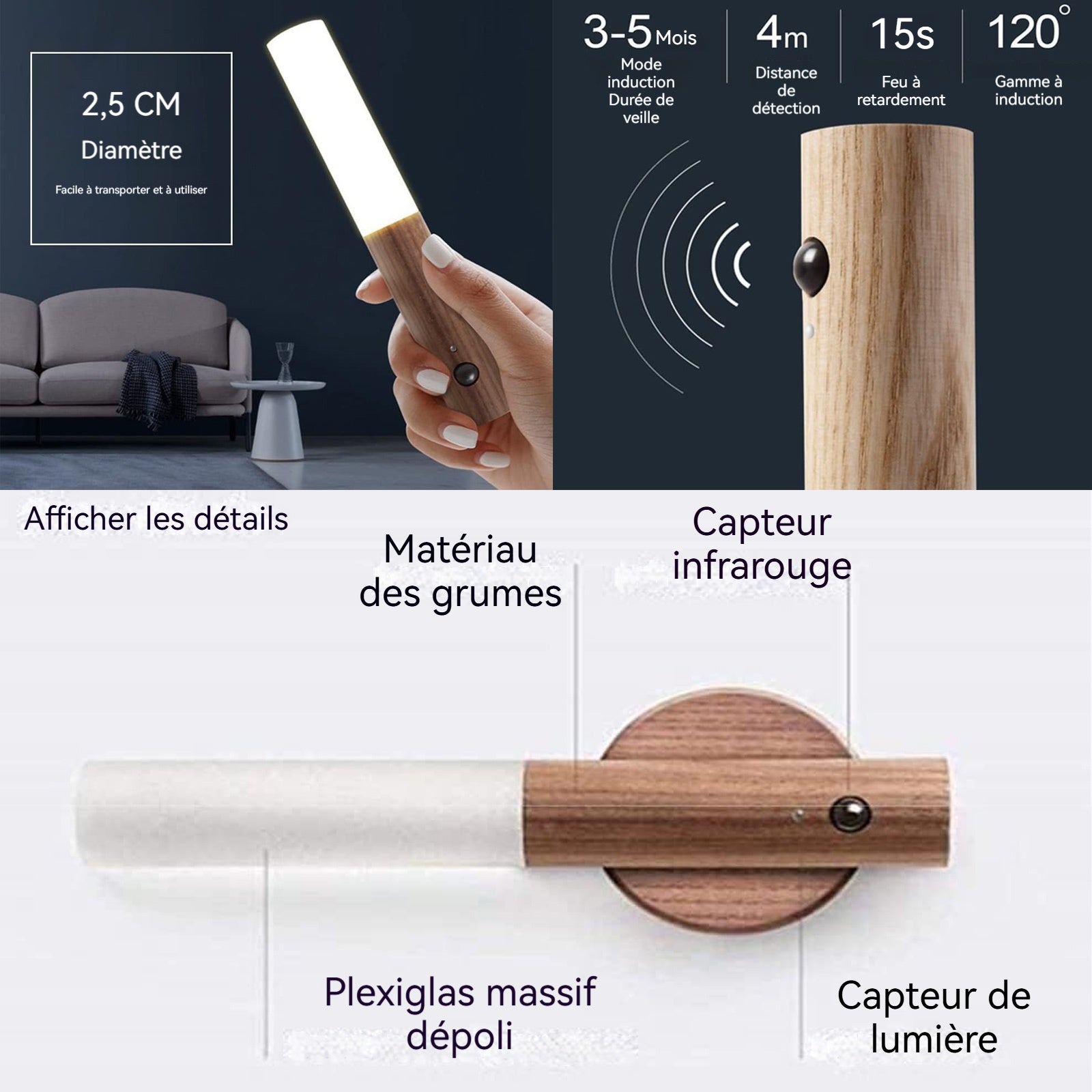 Applique murale magnétique ABS sans fil veilleuse LED rechargeable murale avec détecteur de mouvement lampe de chevet portable
