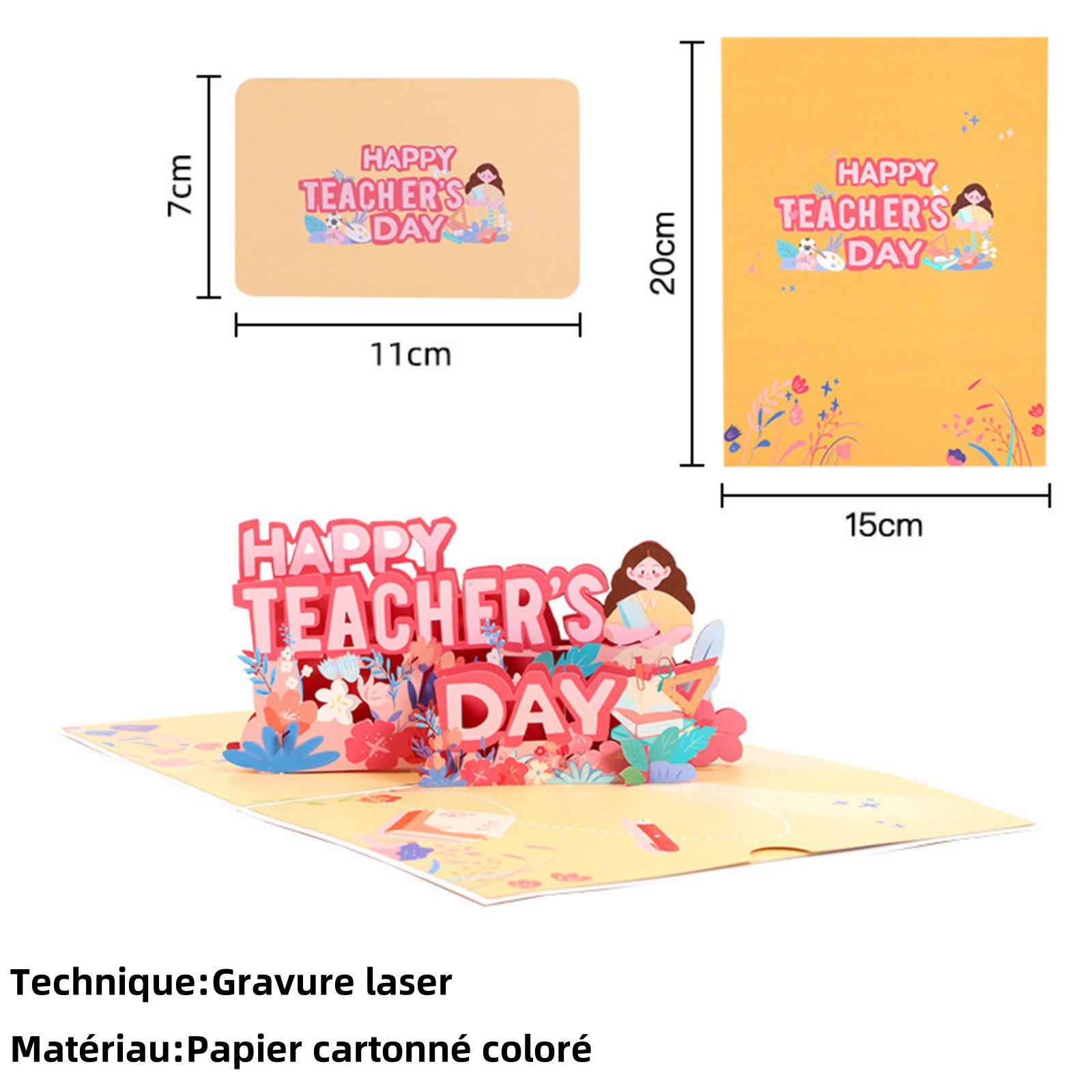 arte de voeux 20x15cm journée des enseignants sculpture en papier tridimensionnelle alphabet fleurs souhaits orange carte postale