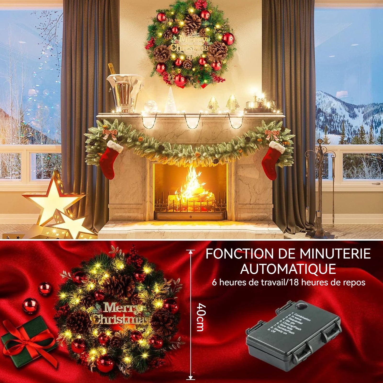 Couronne de Noël 40cm Guirlande de Noël Lumineuse Décoration de Noël pour Porte d'entrée Festival de Noël Décoration de la Maison