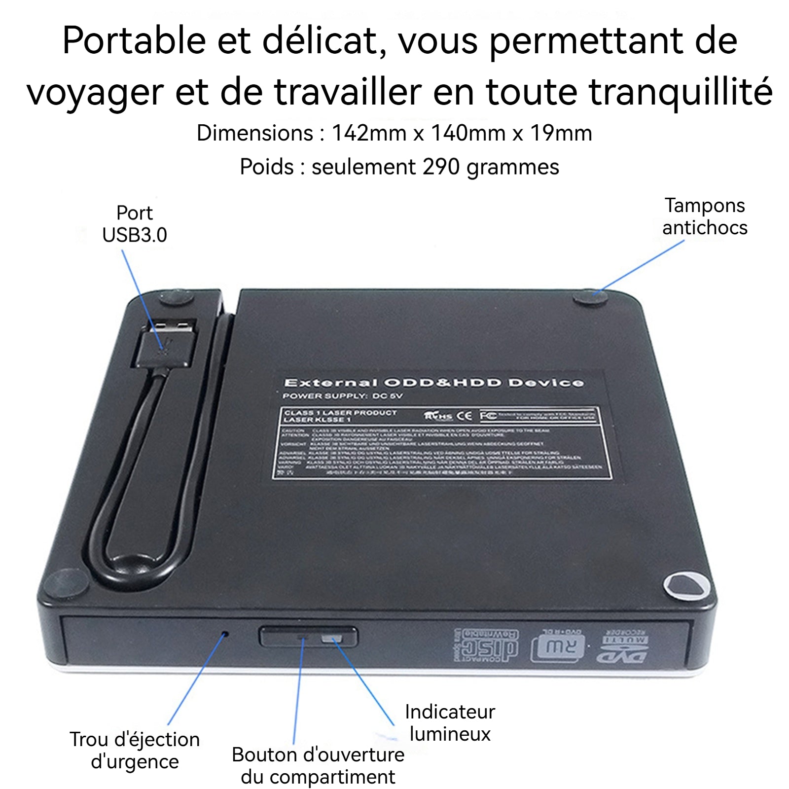 Lecteur DVD USB3.0 externe universel pour ordinateurs de bureau/portables/MAC peut lire les disques Blu-ray 3D les CD/DVD/VCD etc