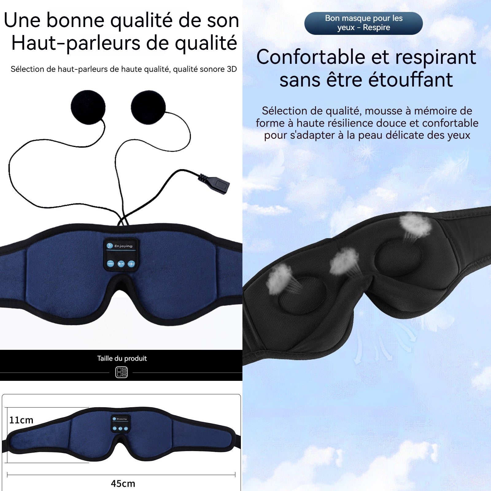 Casque de sommeil 10 heures endurance musique masque pour les yeux sommeil casque 3D Bluetooth sans ombrage sommeil voyage aérien