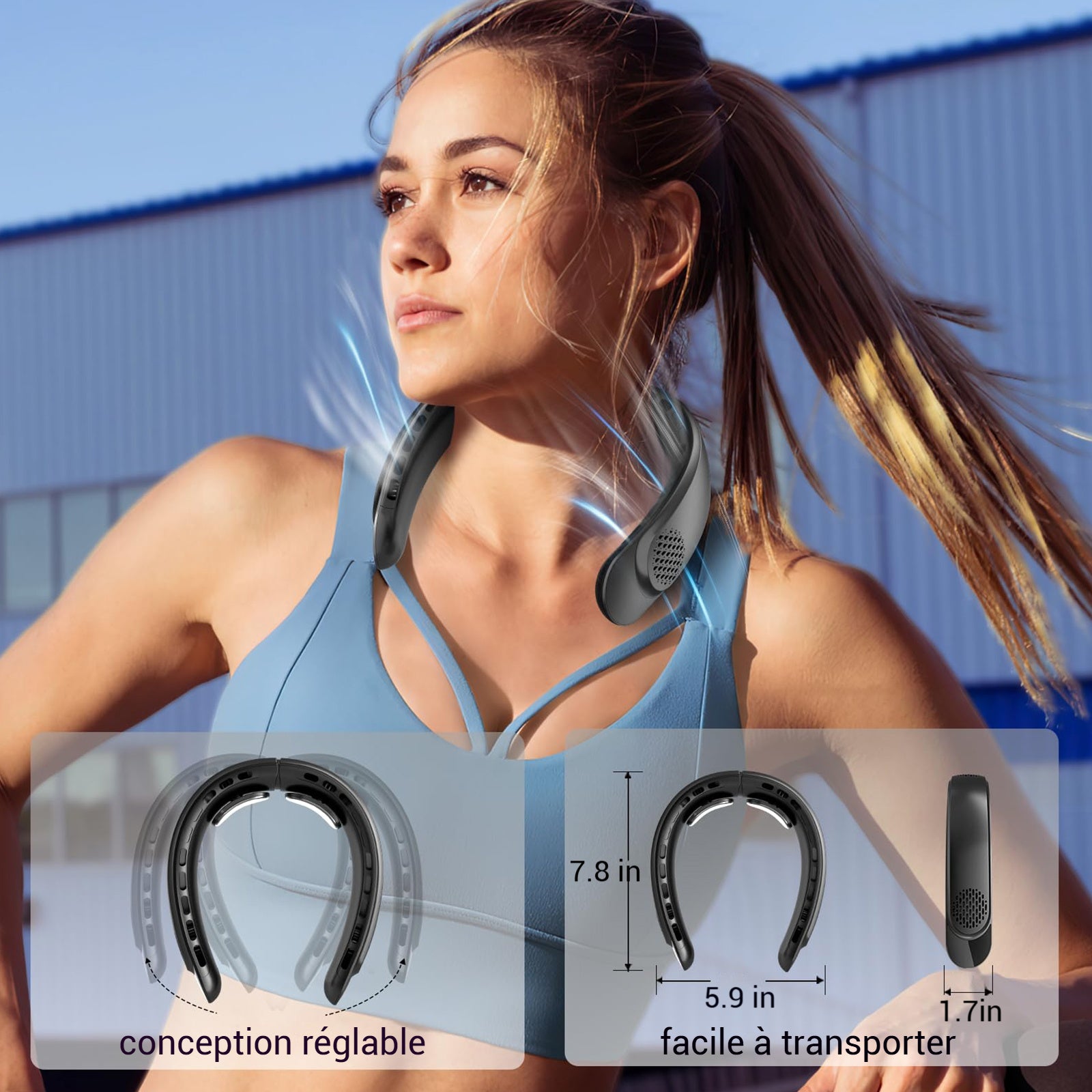 Ventilateur de cou sans fil 4000mah noir 4800rpm-7300rpm 3 vitesses réglables avec affichage numérique réglable éventail de cou