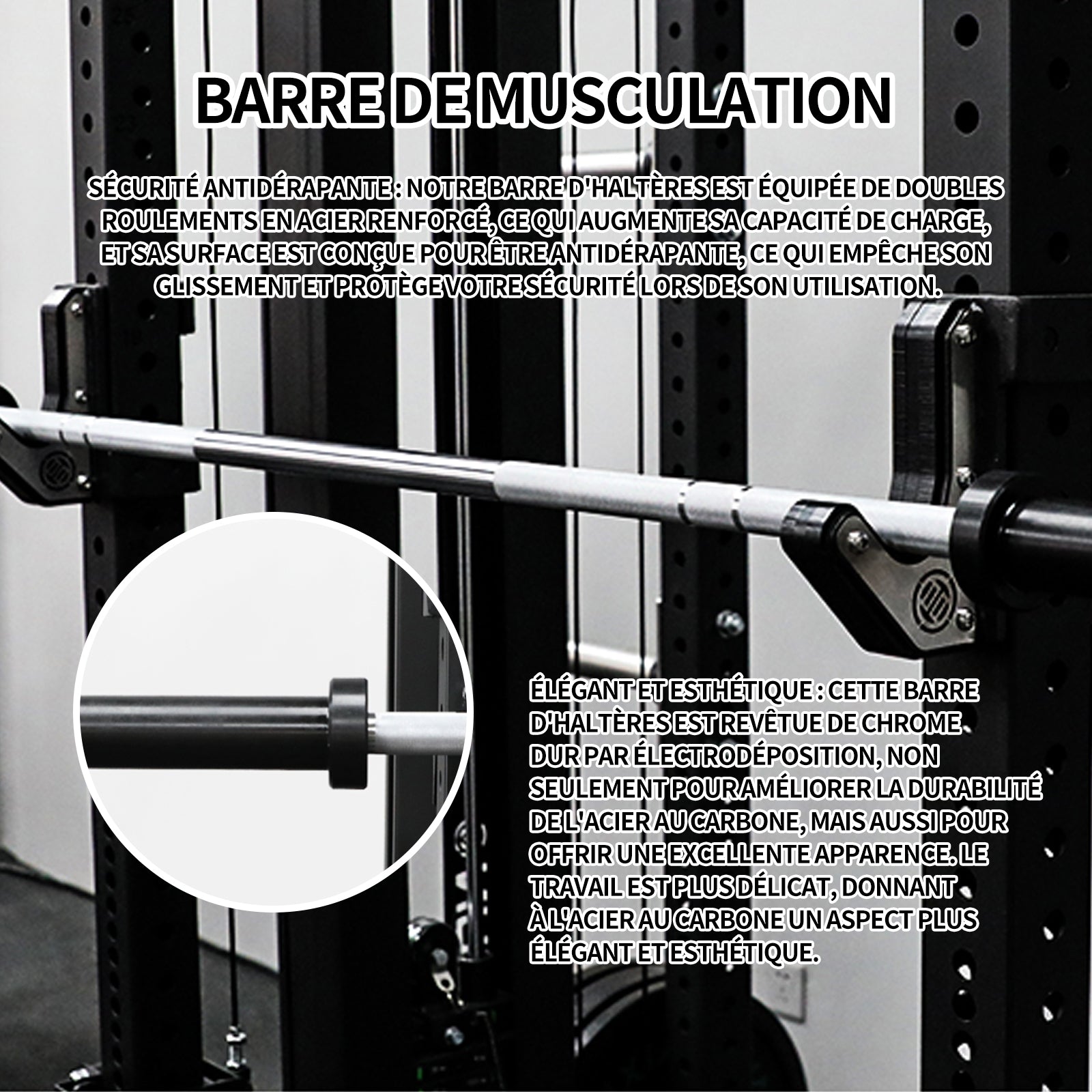 Barre d'haltères 120cm 2.8cm structure à pression droite barre d'haltérophilie à double roulement chrome galvanisé 300LB noir